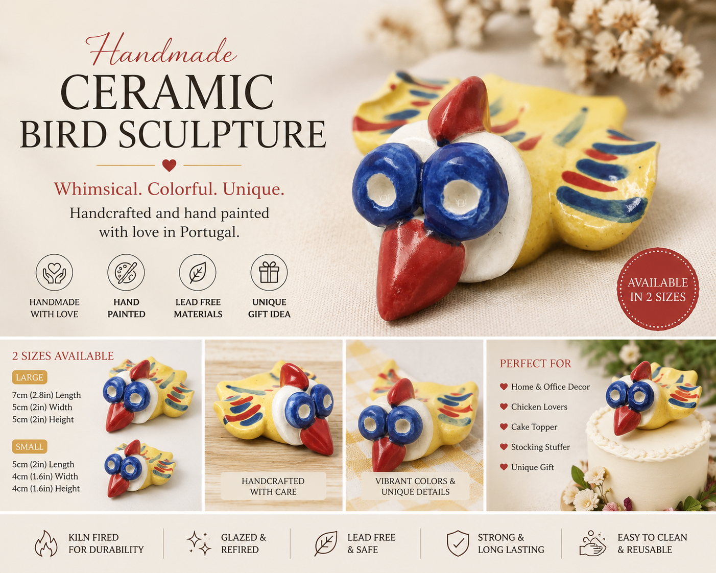 Escultura de pájaro de cerámica hecha a mano pintada a mano de amarillo, estatuilla de gallo moderna, lindos regalos de pollo de escultura de arcilla, topper de pastel de animales reutilizable