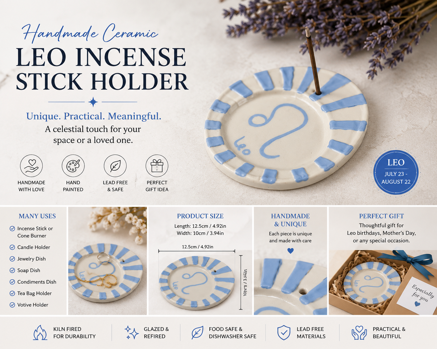 Leo Ceramic Incense Holder – Handmade Blue Zodiac Dish