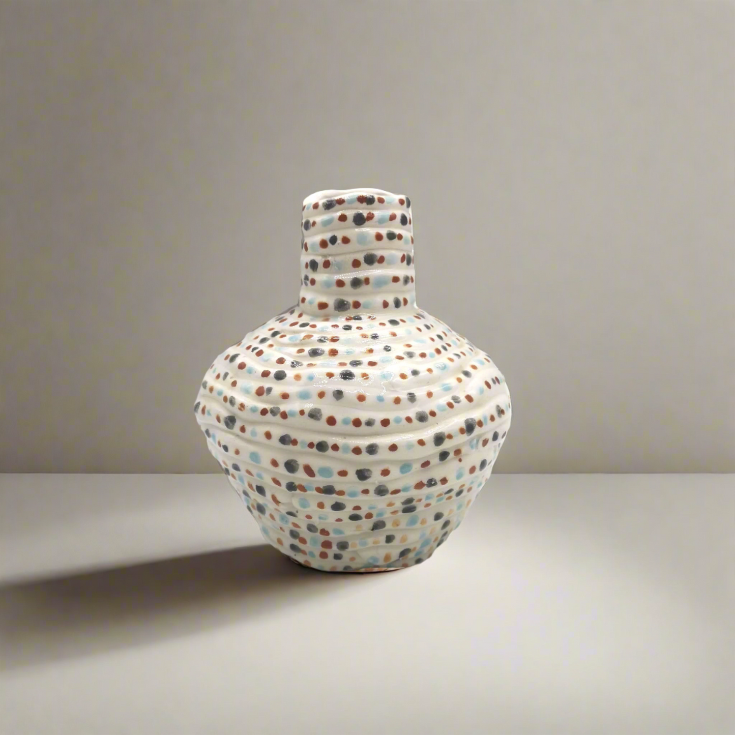 Handmade White Ceramic Vase with Colorful Handpainted Spots – Eclectic Decorative Vase for Home & Garden – Unique Gift Idea – 15cm x 12cm