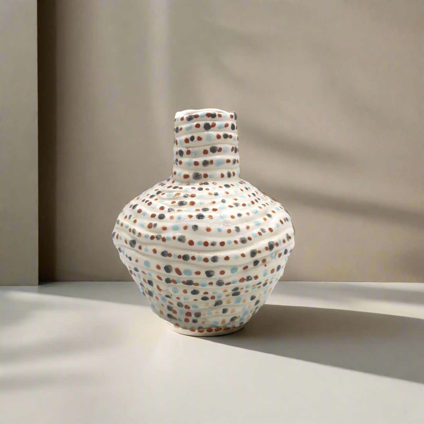 Handmade White Ceramic Vase with Colorful Handpainted Spots – Eclectic Decorative Vase for Home & Garden – Unique Gift Idea – 15cm x 12cm