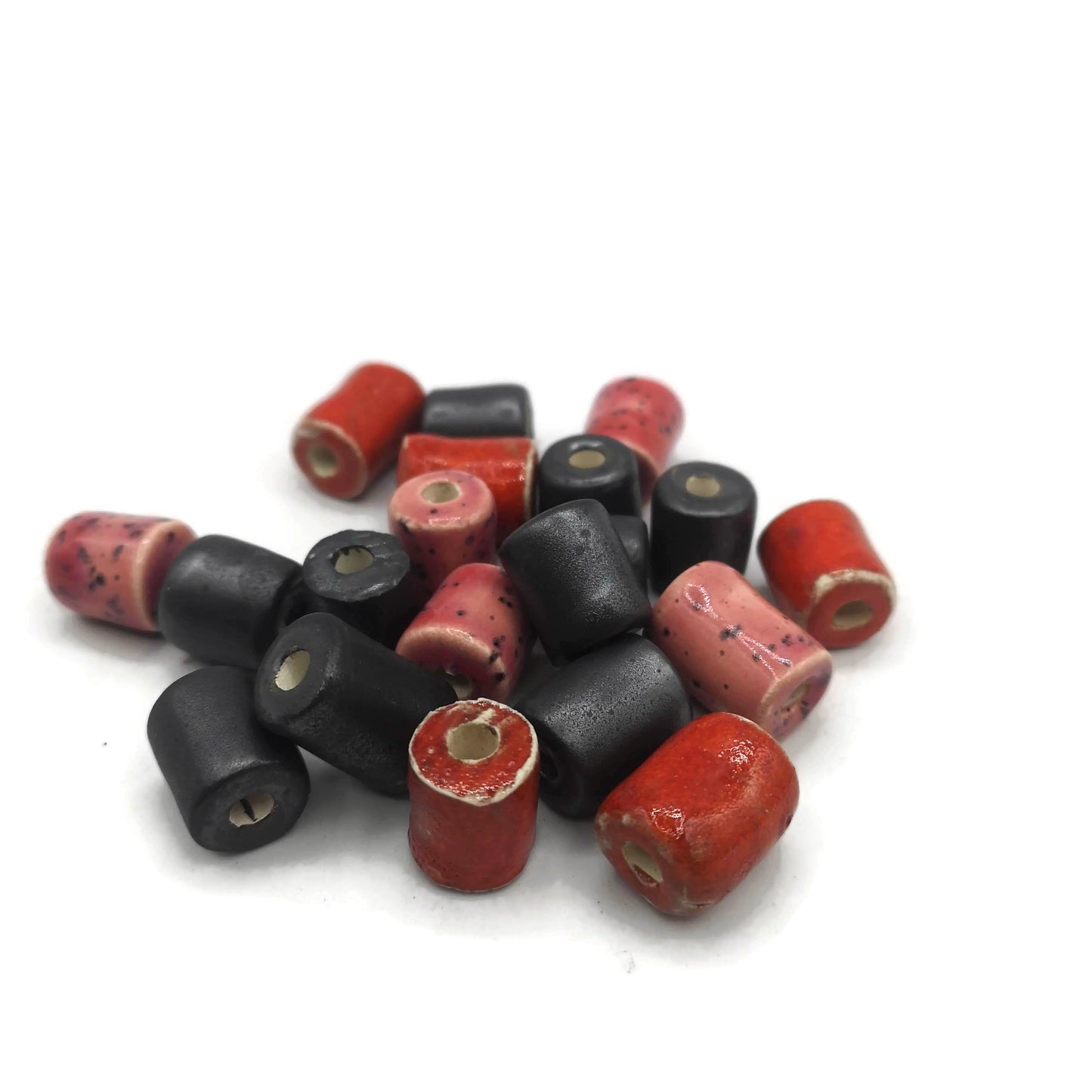 4Pc 20mm Handmade Ceramic Tube Beads Large Hole, Mixed Set Macrame Or Jewelry Making Beads, 2 Silver Black, 1 Red and 1 Orange