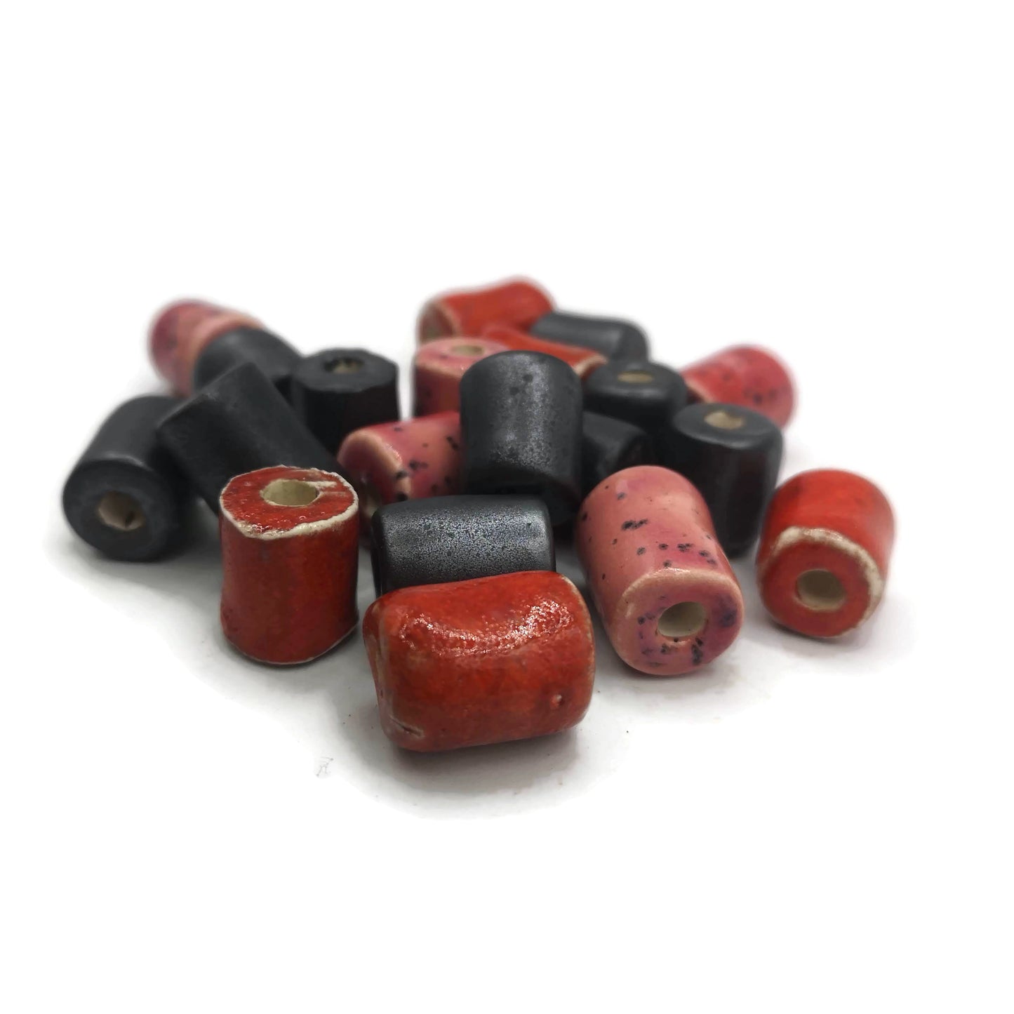 4Pc 20mm Handmade Ceramic Tube Beads Large Hole, Mixed Set Macrame Or Jewelry Making Beads, 2 Silver Black, 1 Red and 1 Orange