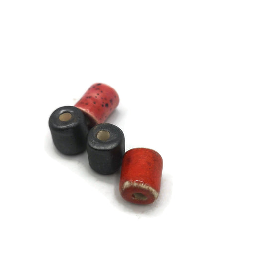 4Pc 20mm Handmade Ceramic Tube Beads Large Hole, Mixed Set Macrame Or Jewelry Making Beads, 2 Silver Black, 1 Red and 1 Orange