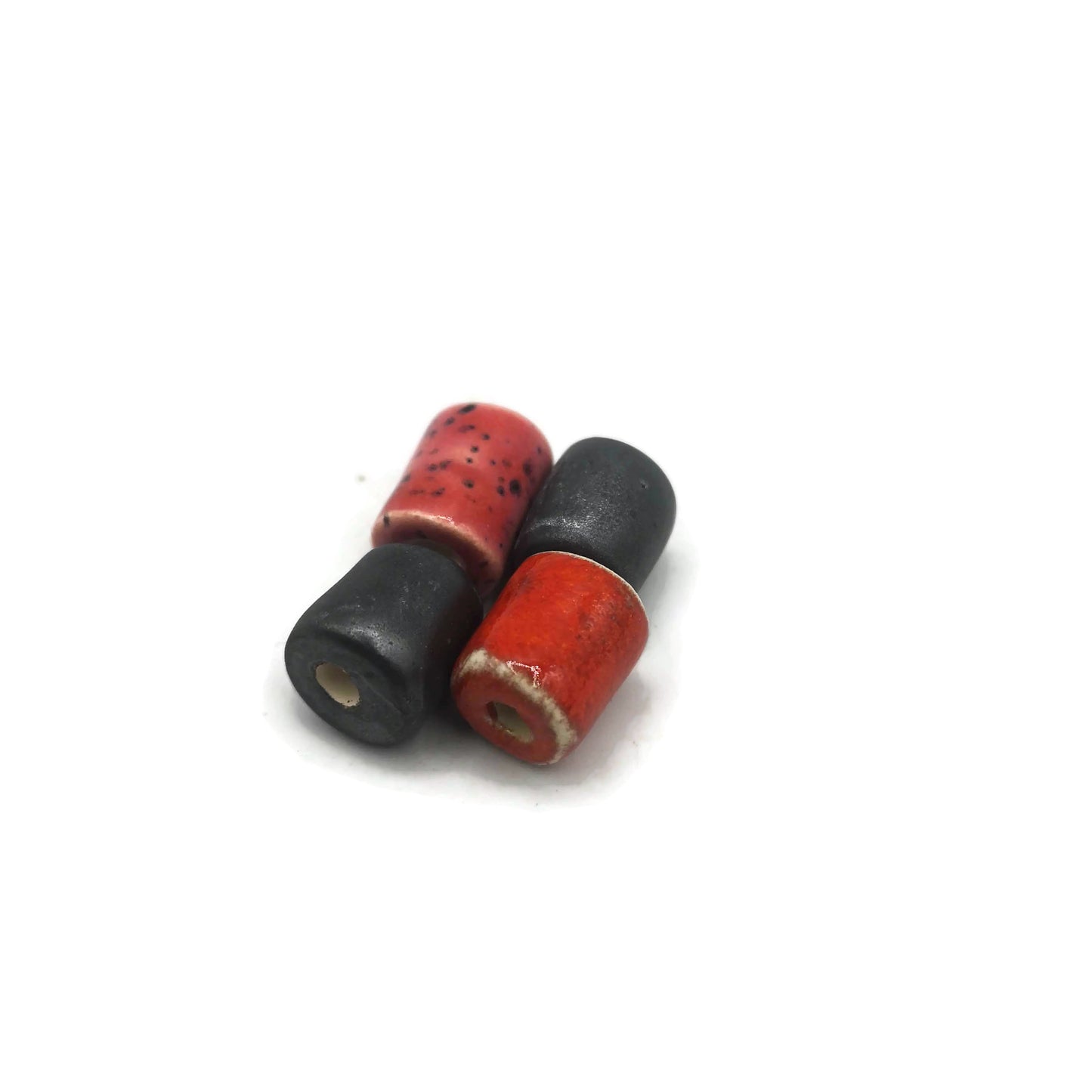 4Pc 20mm Handmade Ceramic Tube Beads Large Hole, Mixed Set Macrame Or Jewelry Making Beads, 2 Silver Black, 1 Red and 1 Orange