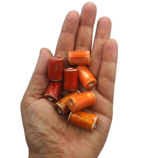 8Pc Large Ceramic Tube Beads – 20-25mm Orange & Red Beads – 5mm Large Hole for Jewelry & Macrame
