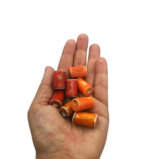 8Pc Large Ceramic Tube Beads – 20-25mm Orange & Red Beads – 5mm Large Hole for Jewelry & Macrame