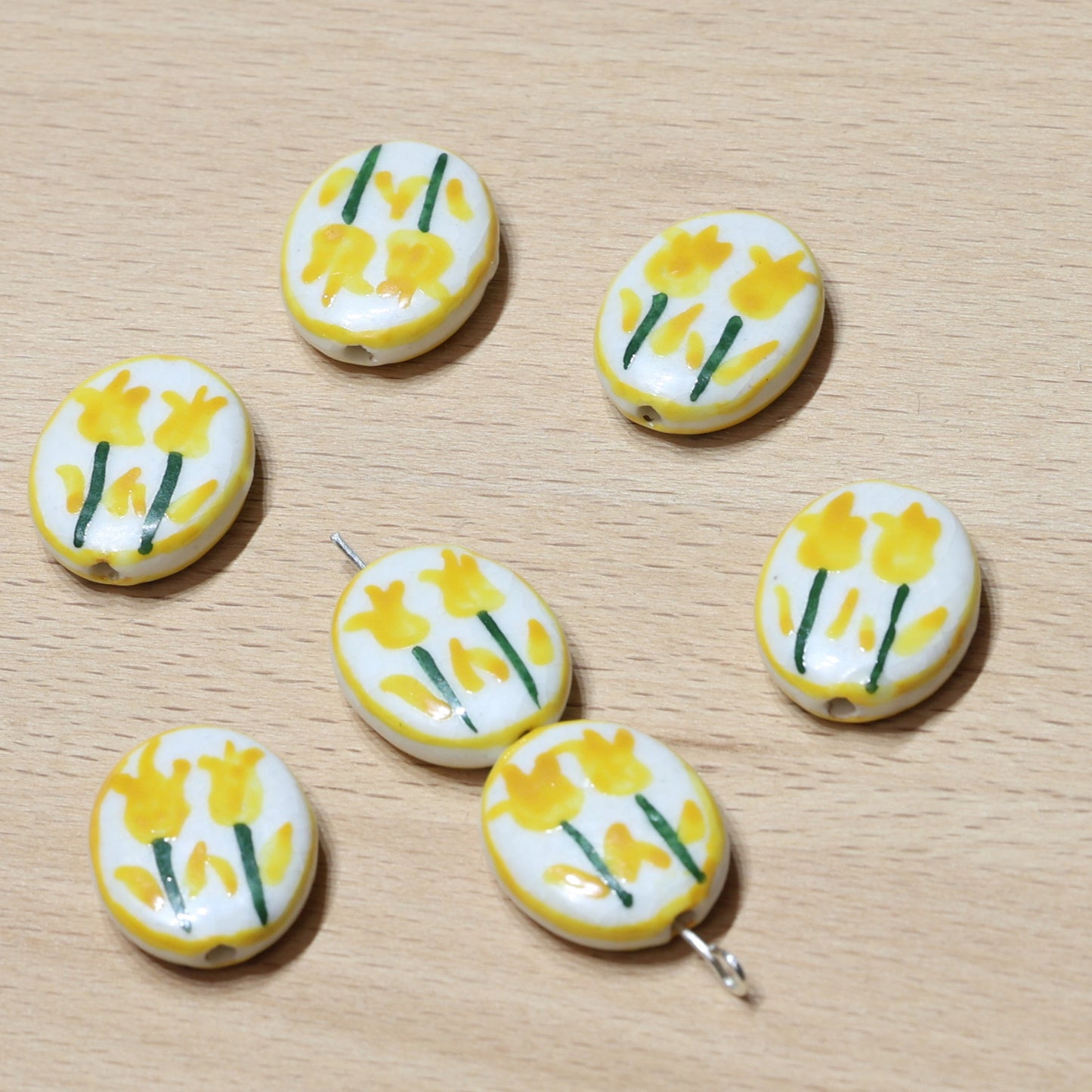 Set of 10 Hand-Painted Ceramic Oval Beads - Macrame Craft Supplies