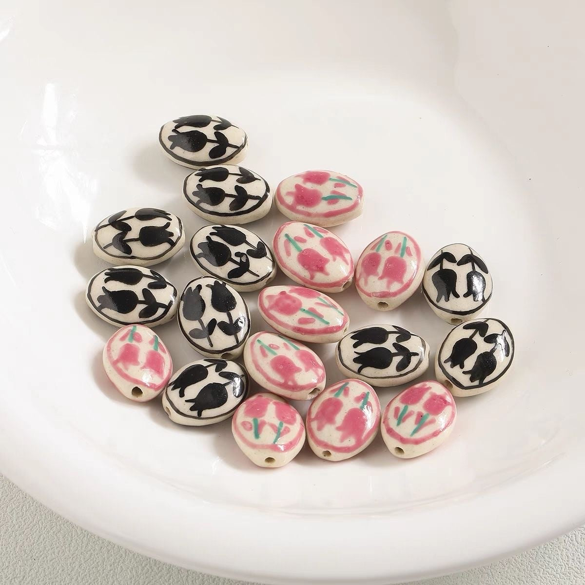 Set of 10 Hand-Painted Ceramic Oval Beads - Macrame Craft Supplies