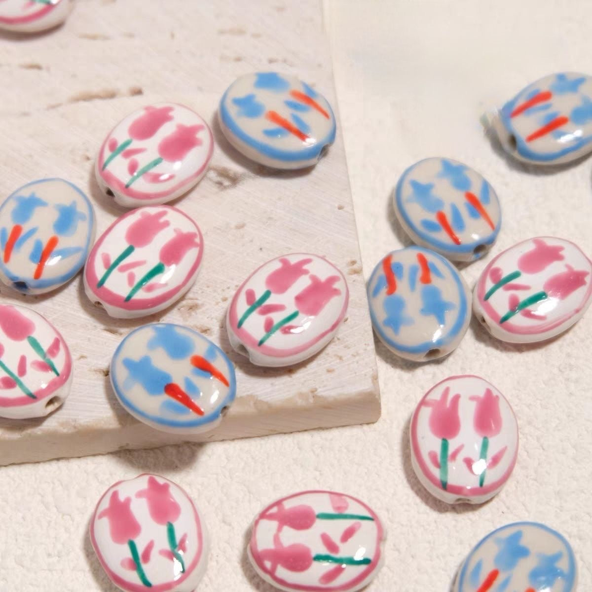 Set of 10 Hand-Painted Ceramic Oval Beads - Macrame Craft Supplies