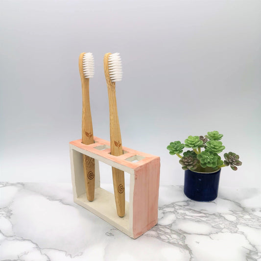 Handmade Ceramic Toothbrush Holder For Women, Rectangle Utensil Holder, Pink Eco Friendly Products For Bathroom - Ceramica Ana Rafael