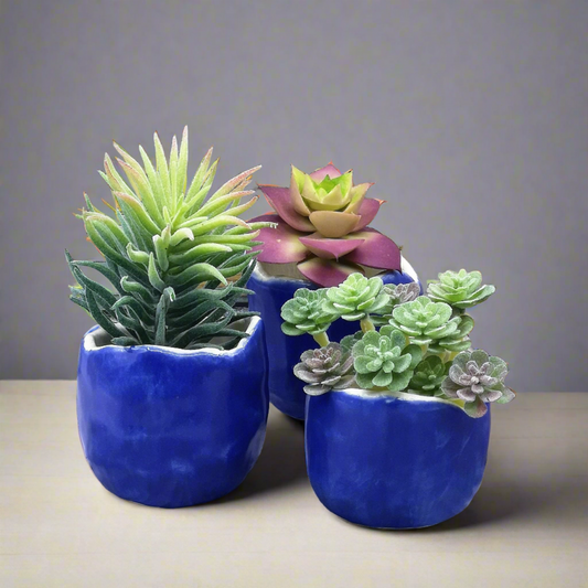 1Pc Royal Blue Handmade Ceramic Planter For Home Decor, Small Clay Cactus Pot, Office Desk Accessories For Men, Housewarming Gift First Home