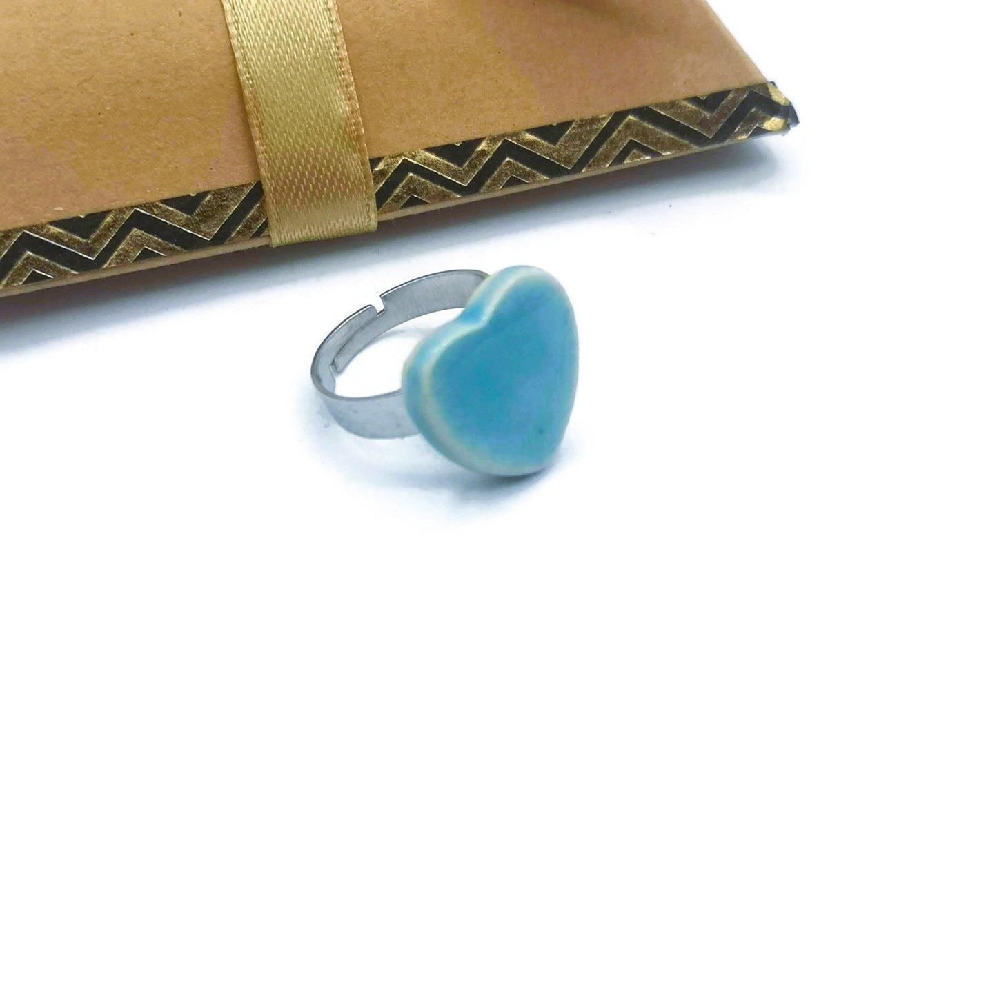Handmade Ceramic Turquoise Blue Heart Statement Ring For Women, Stainless Steel Adjustable Ring, Porcelain 9th Anniversary Gifts For Her - Ceramica Ana Rafael