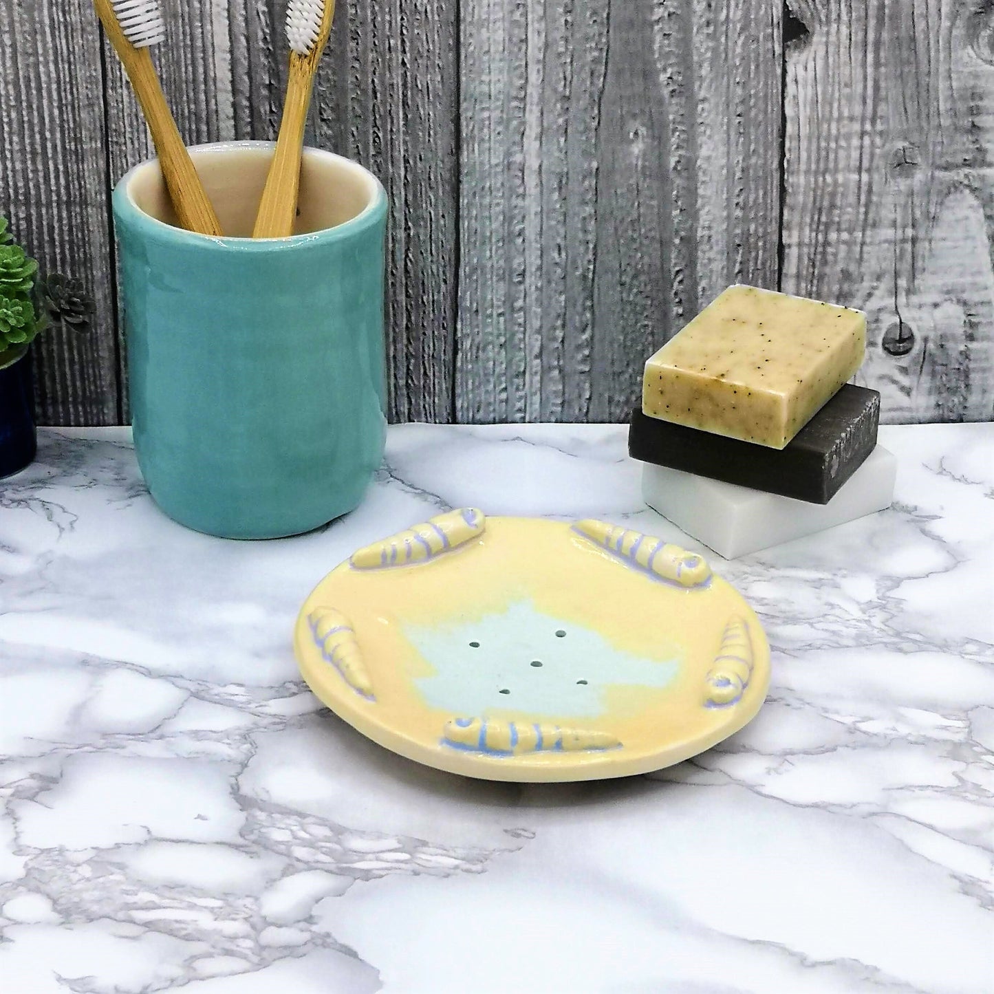 Handmade Ceramic Sea Shell Soap Dish Dispenser Yellow and Blue, Beach Themed Decor Draining Soap Bar Holder, Bathroom Tray For Shaving Soap - Ceramica Ana Rafael