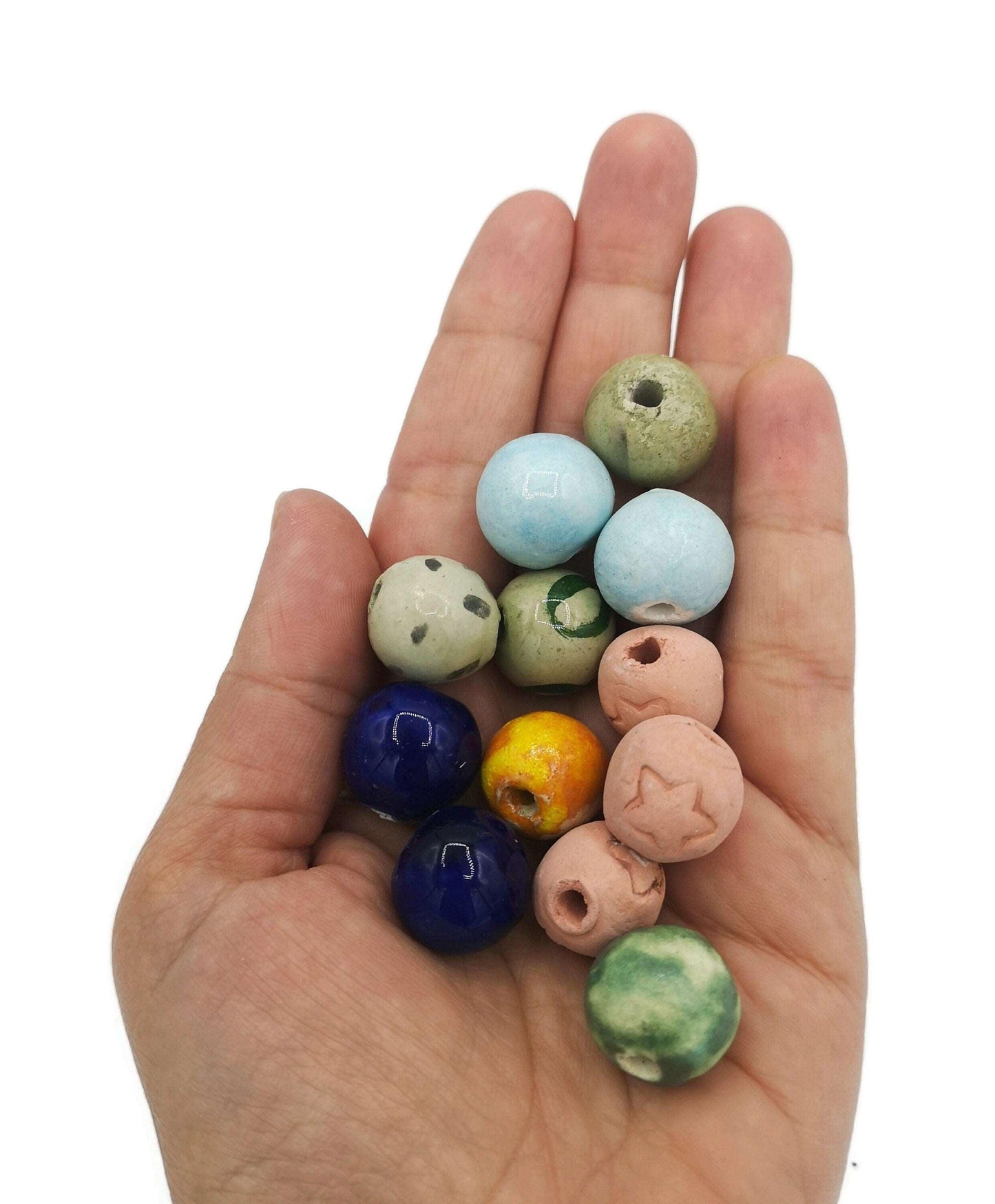 12Pc Handmade Ceramic Beads For Jewelry making, Round Mixed Clay Beads For Crafts,Decorative Macrame Beads Large Hole 2mm, Assorted Beads