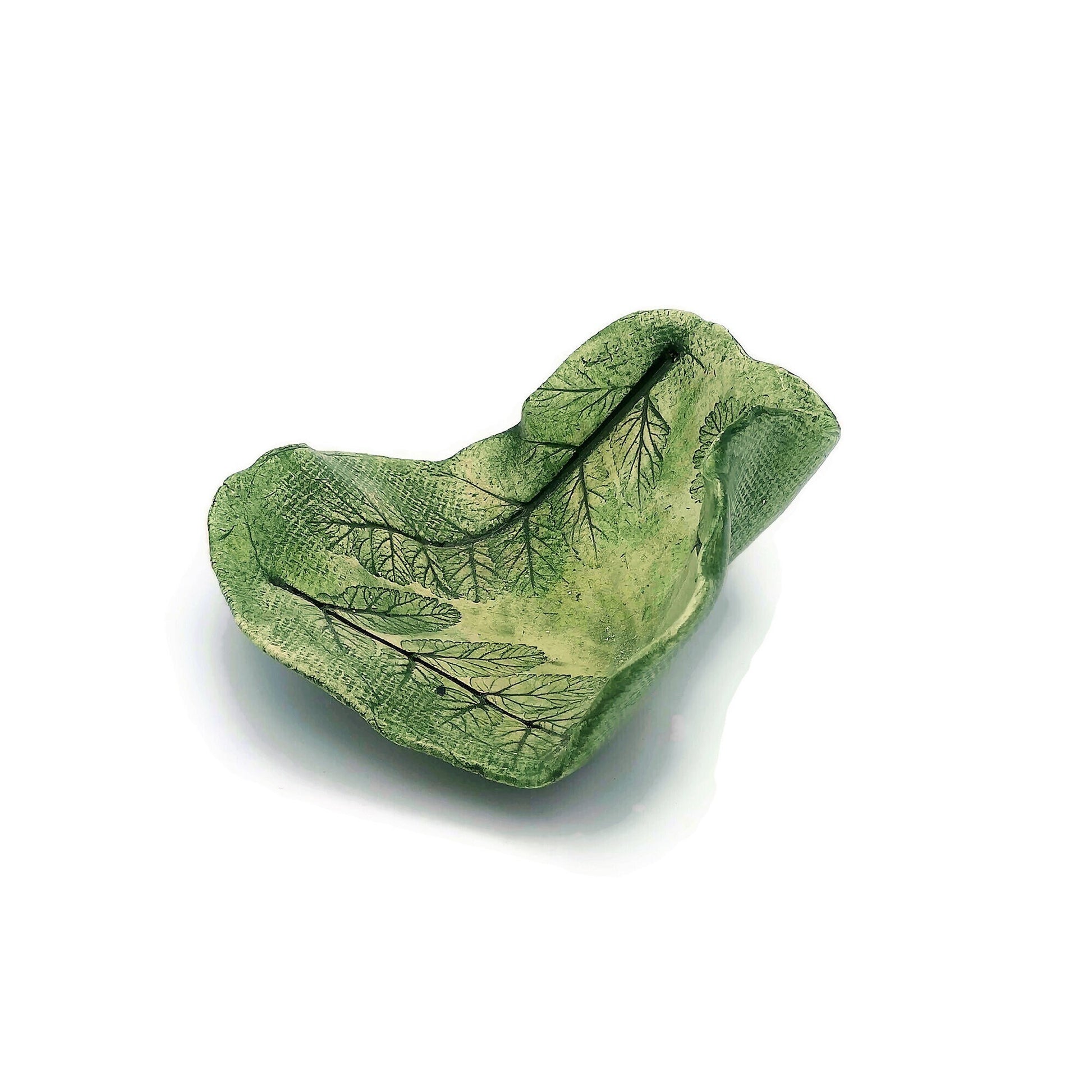 Handmade Ceramic Bowl Irregular Ring Holder, Green Engraved Leaves Organic Portuguese Pottery For Home Decor, Small Unique Decorative Tray - Ceramica Ana Rafael