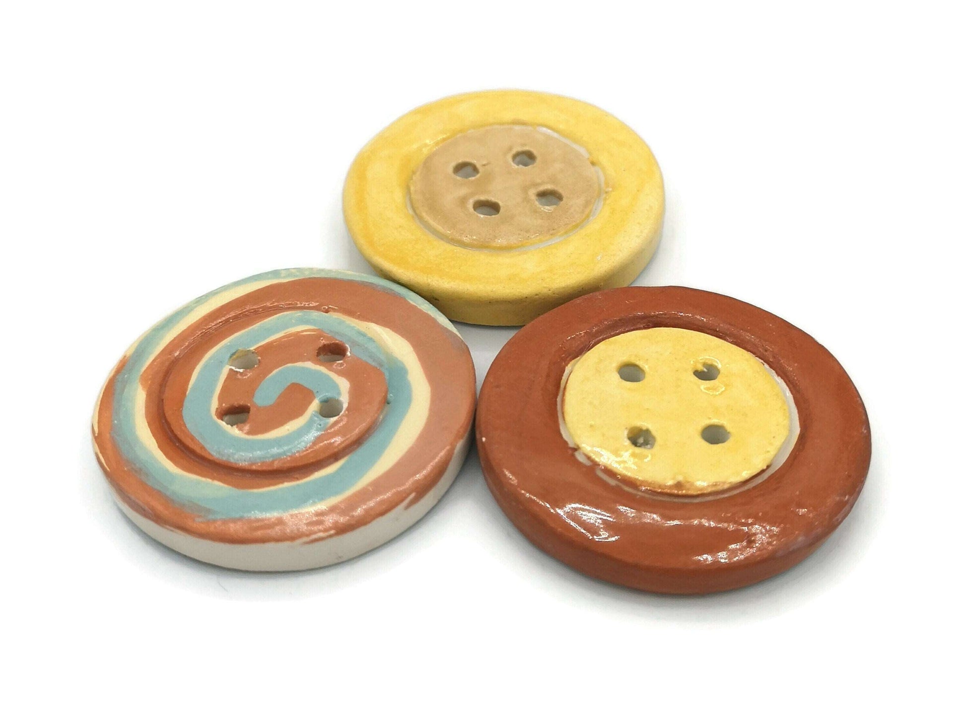 3Pc 45mm Extra Large Handmade Ceramic Novelty Sewing Buttons, Strange And Unusual Hand Painted Clay Buttons Lot Round Coat Button Decorative - Ceramica Ana Rafael