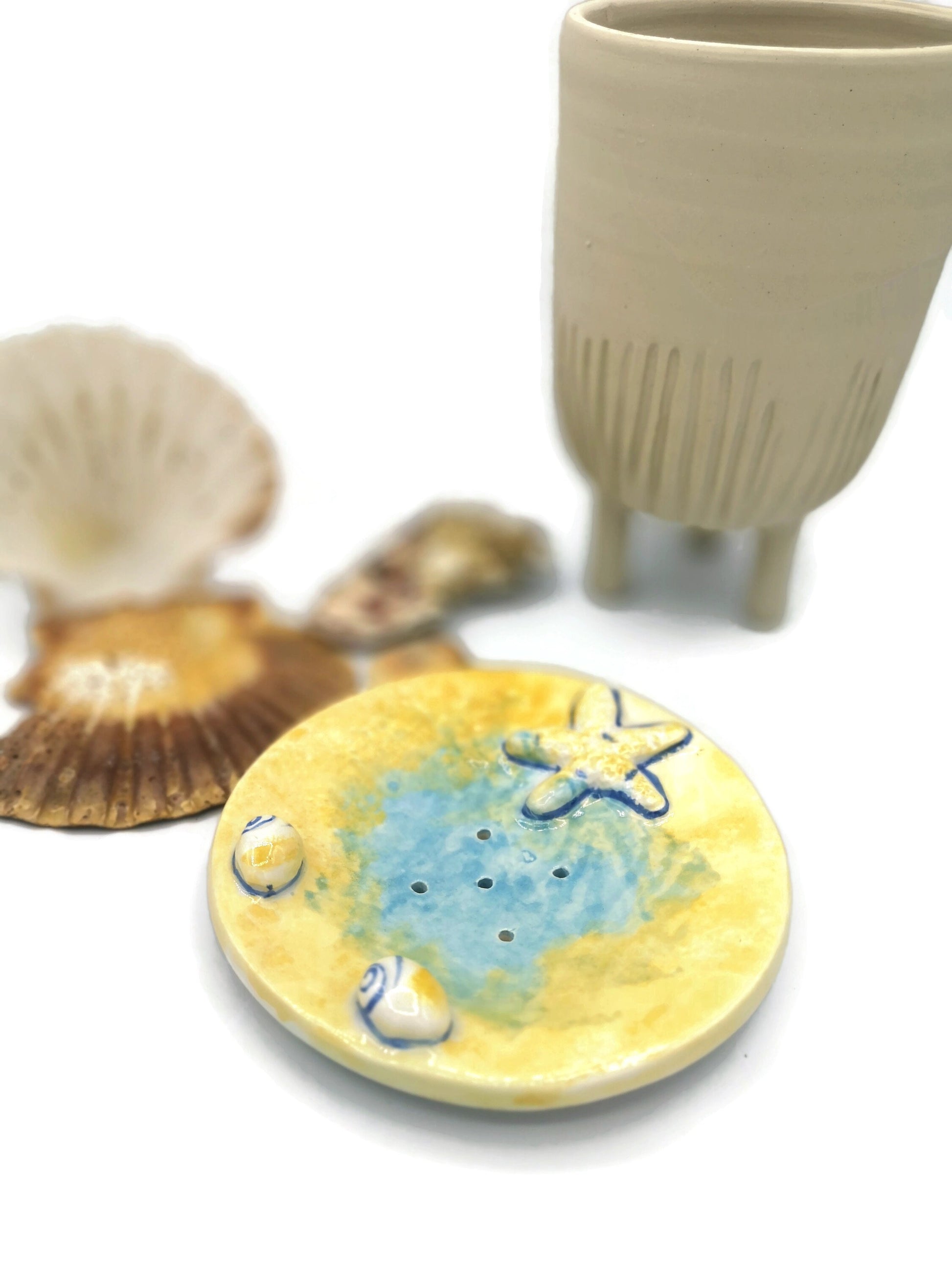 Handmade Ceramic Soap Dish Dispenser For Soap Bar With Drain Holes, Yellow Round Beach Themed Starfish Eco Friendly Bathroom Accessories - Ceramica Ana Rafael