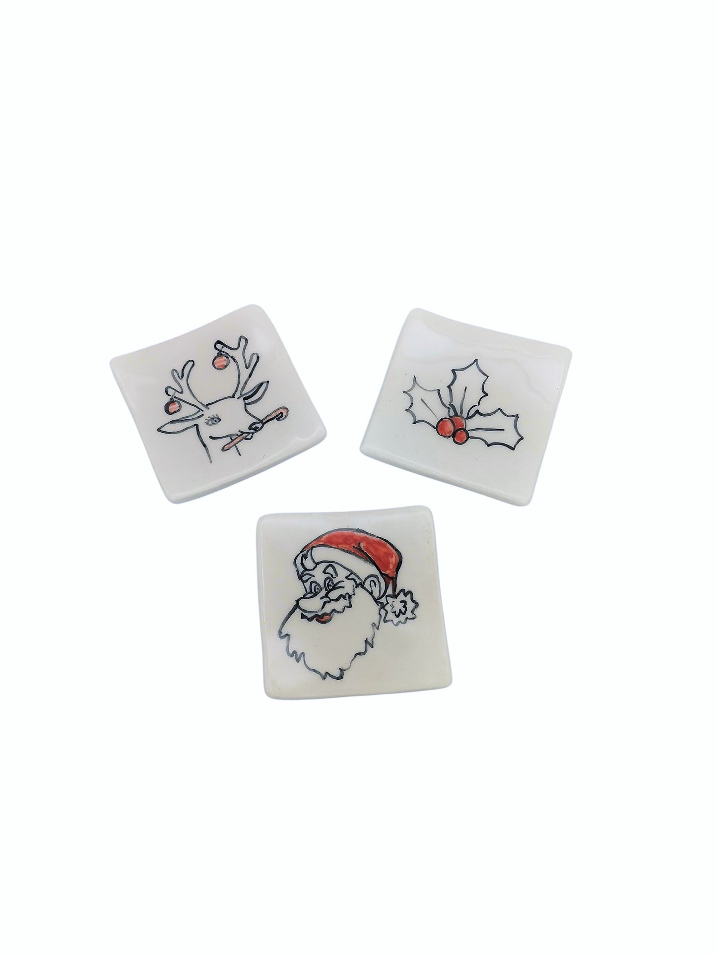 1Pc Handmade Ceramic Trinket Dish With Hand Painted Santa Claus, Holly or Reindeer, Candle Holder, Square Clay Ring Holder Best Gift For Her - Ceramica Ana Rafael