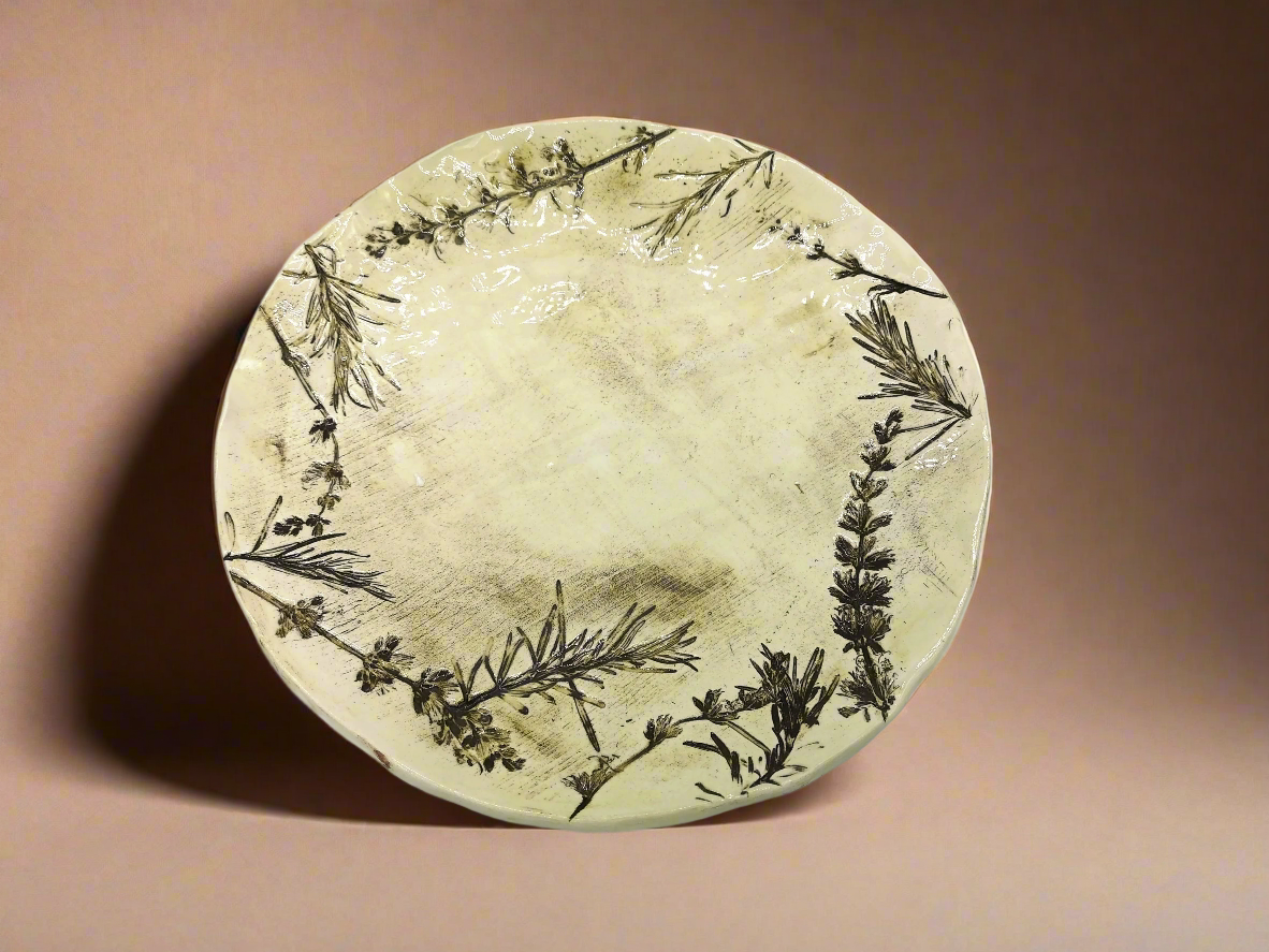 Handmade Ceramic Rustic Plate with Rosemary & Sage Imprints – Perfect for Display or Gift