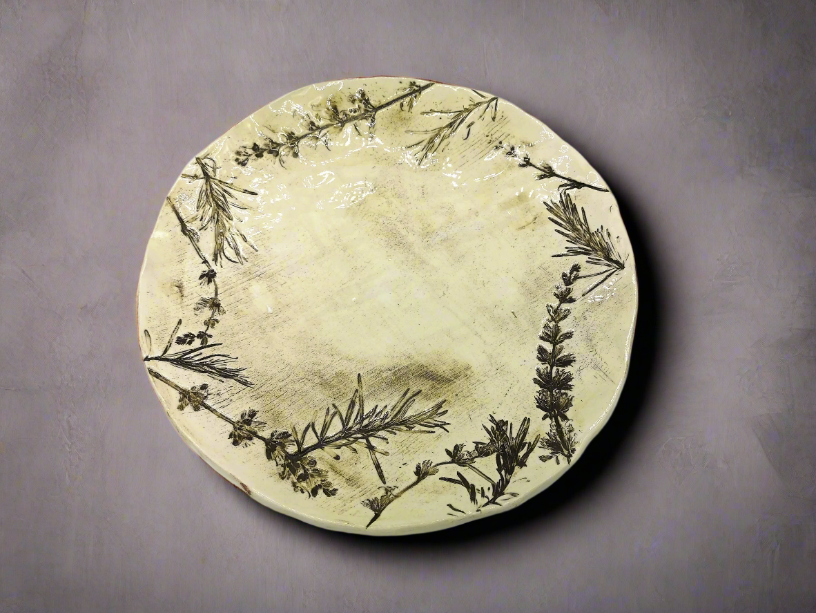 Handmade Ceramic Rustic Plate with Rosemary & Sage Imprints – Perfect for Display or Gift