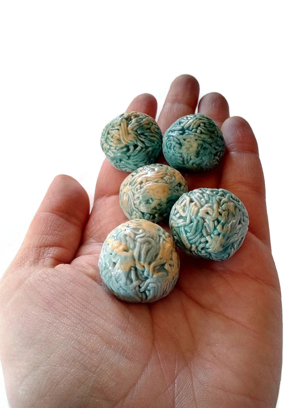 5Pc Green Assorted Round Cabochon Strange And Unusual, Handmade Ceramic Beads No Hole For Jewelry Making, Porcelain - Ceramica Ana Rafael