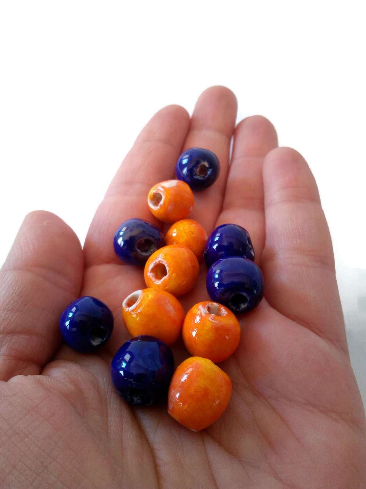 12 Pcs Handmade Ceramic Beads 10mm, Assorted Clay Beads Round Shaped, Unique Beads For Jewelry Making, Decorative Porcelain Macrame Beads