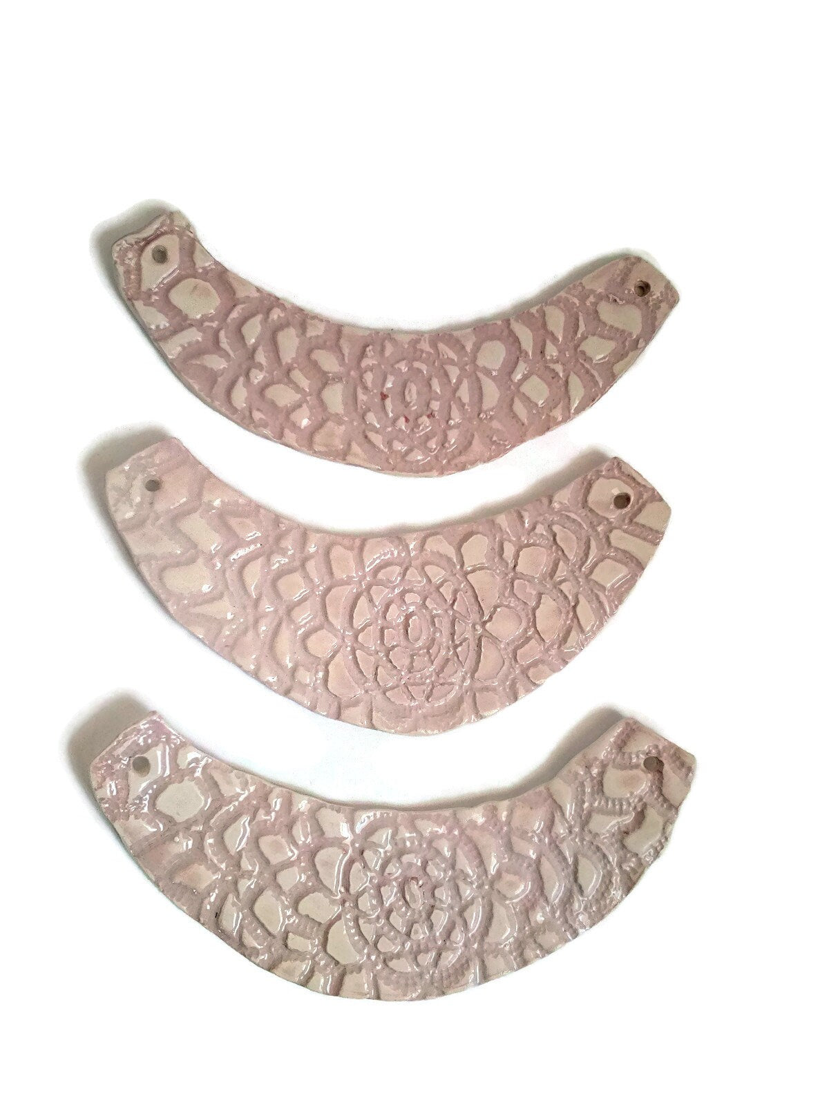 Handmade Ceramic Extra Large Pendant For Bib Necklace Making, Pink Textured Jewelry Supplies, Lace Pattern Porcelain Pendant - Ceramica Ana Rafael