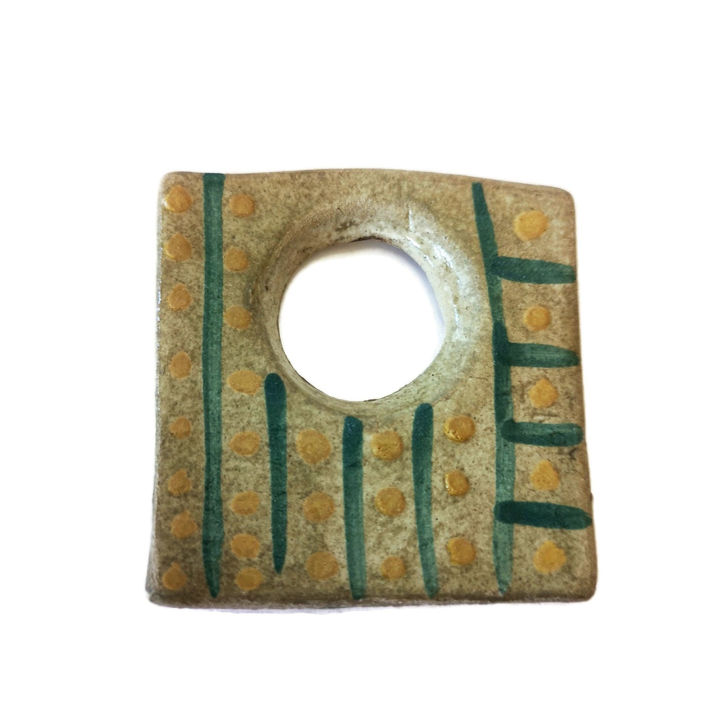 Unique Extra Large Square Necklace Pendant For Statement Jewelry Making, Aesthetic Handmade Ceramic Charm Hand Painted Green And Yellow Clay - Ceramica Ana Rafael