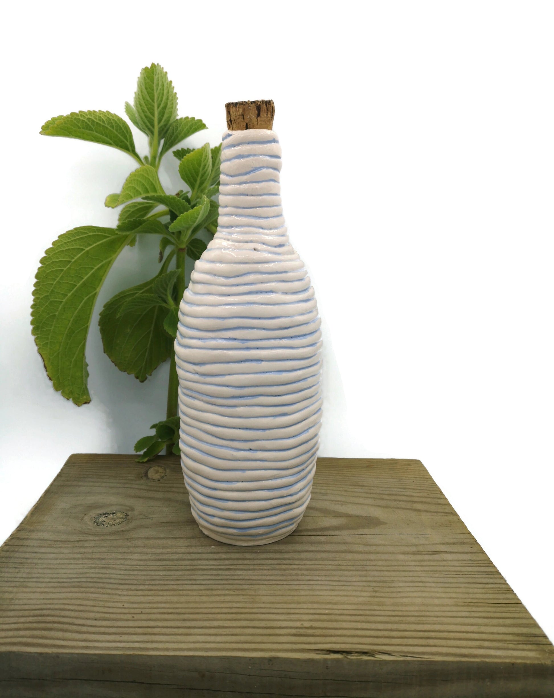 Handmade Ceramic Decorative Blue Bottle With Natural Cork Stopper, Farmhouse Decor Vase Best Gifts For Him, Dad Birthday Gift From Daughter - Ceramica Ana Rafael