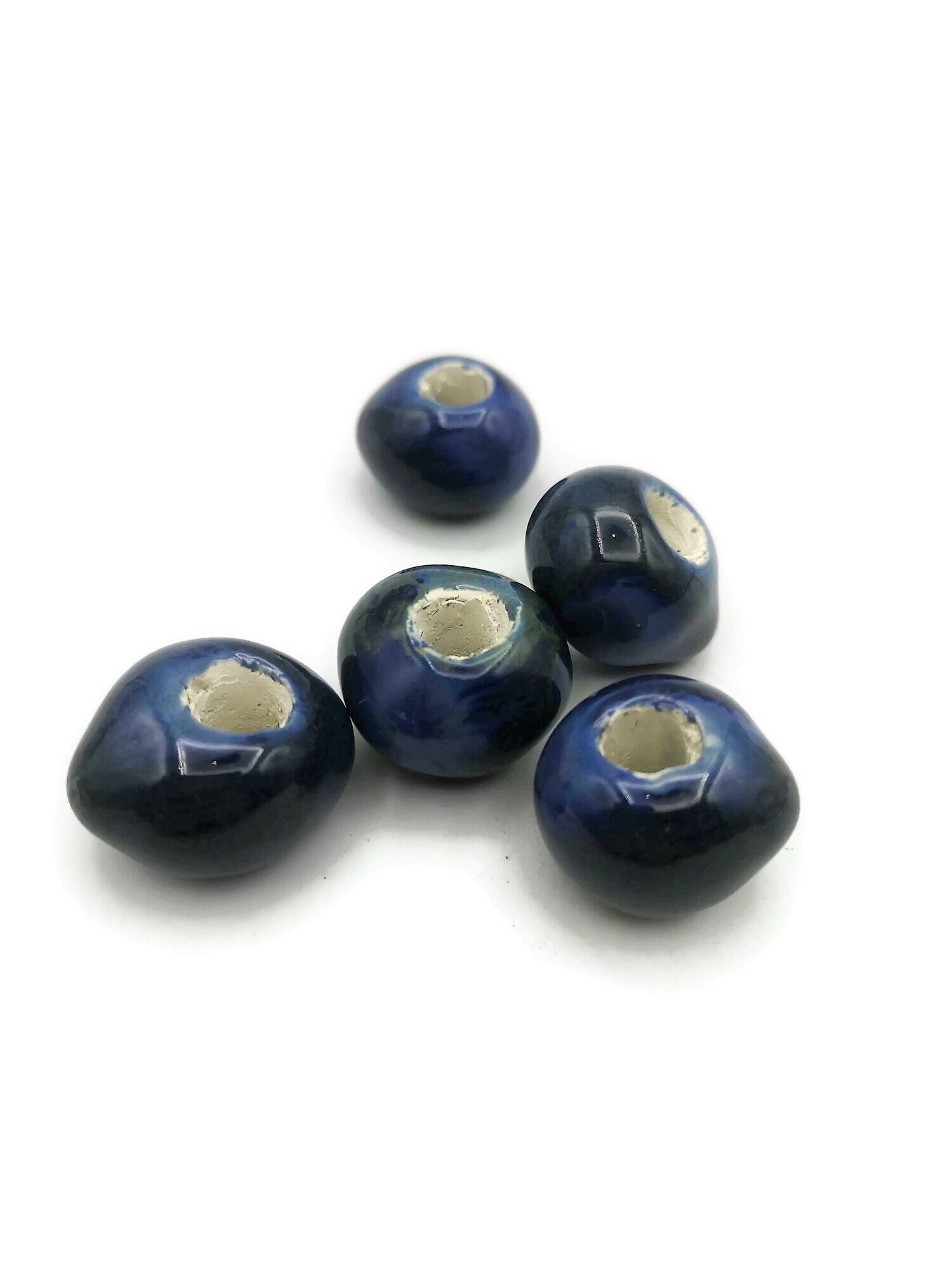 5Pc Speckled Blue Ceramic Macrame Beads, Large Hole Artisan Round Clay Beads, Handmade Unique Jewelry Making Supplies, Focal Point Beads - Ceramica Ana Rafael