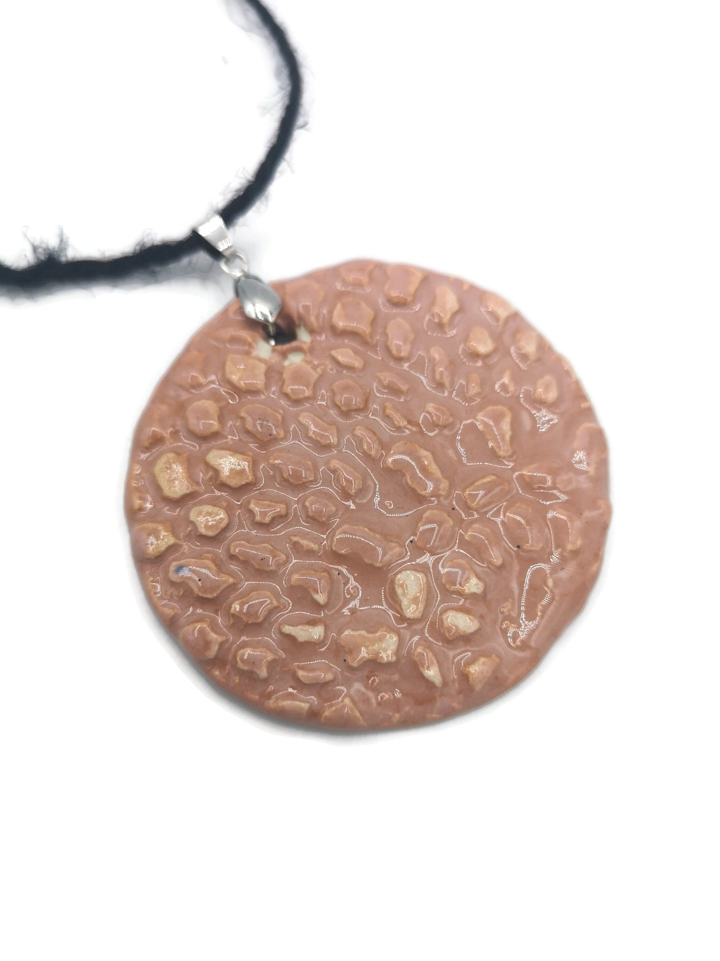 Coral Pink Large Round Pendant For Necklace, Textured Clay Charms For Statement Jewelry Making For Women, Artisan Ceramic - Ceramica Ana Rafael