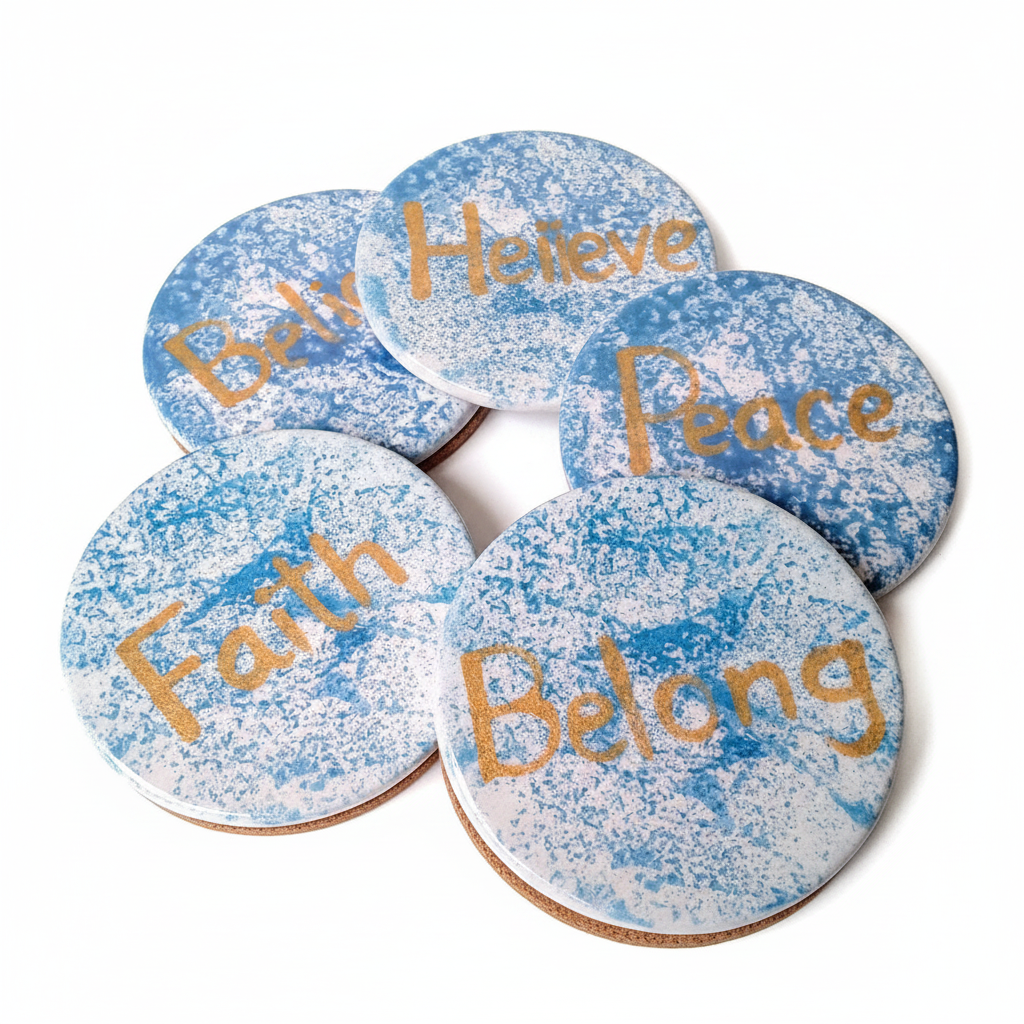 All inspirational word options for handmade blue ceramic coasters
