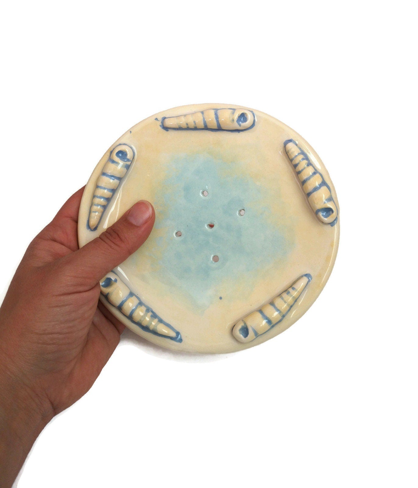 Handmade Ceramic Sea Shell Soap Dish Dispenser Yellow and Blue, Beach Themed Decor Draining Soap Bar Holder, Bathroom Tray For Shaving Soap - Ceramica Ana Rafael