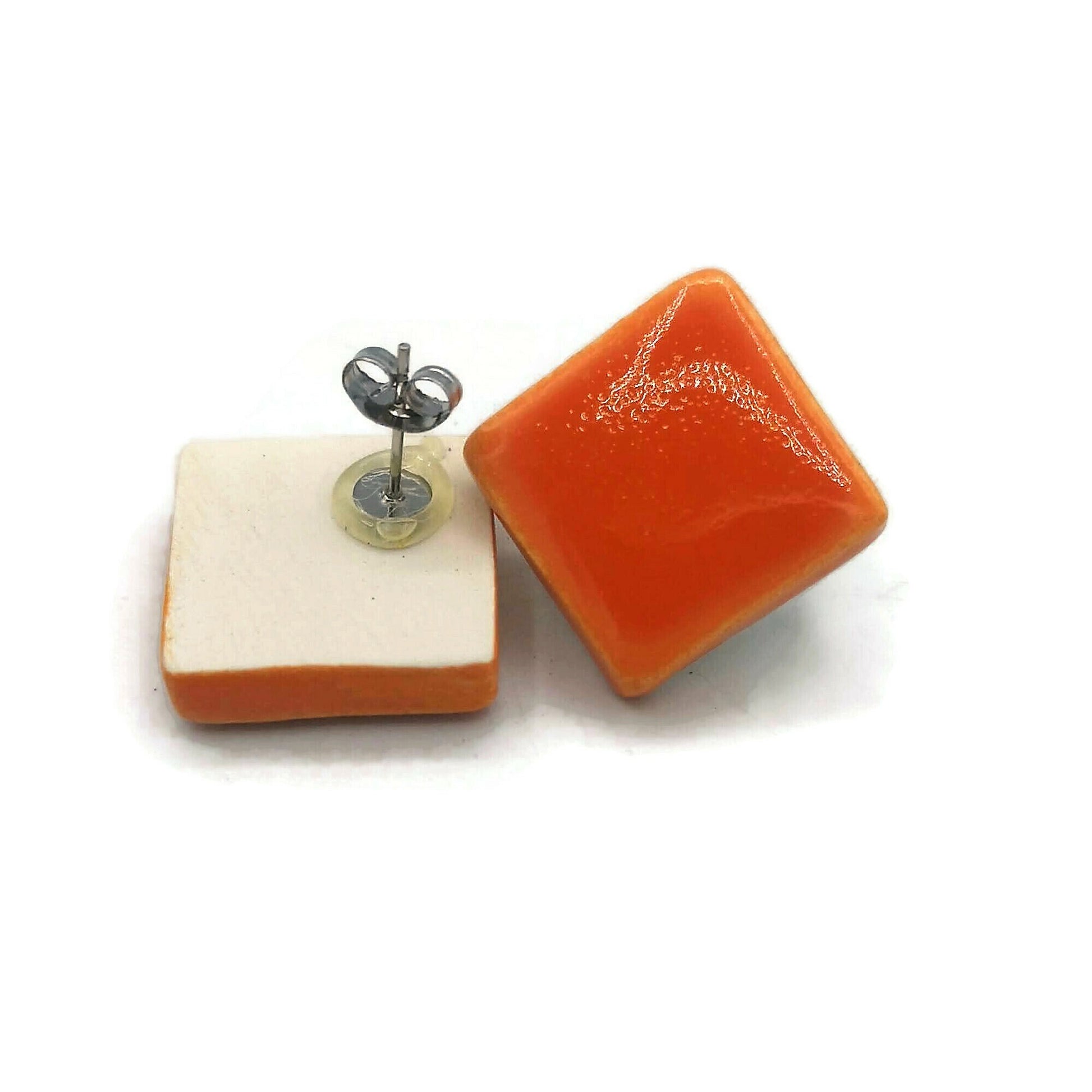Orange Geometric Clay Stud Earrings For Women, Handmade Jewelry Gifts, Diamond Shape Ceramic Designer Earrings For Her, Best Gift For Her - Ceramica Ana Rafael