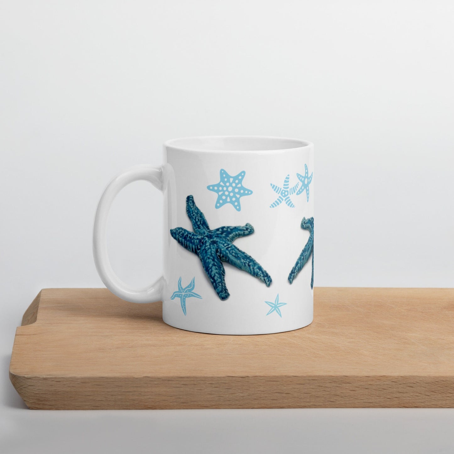 Taza de cerámica hecha a mano azul con decoración de estrella de mar, taza de café grande de 11 oz, los mejores regalos de cumpleaños tropicales para los amantes del mar