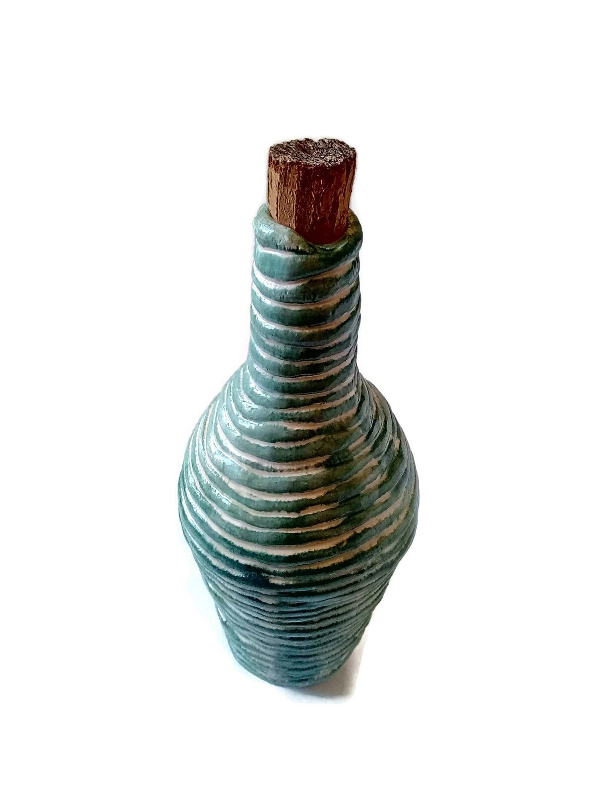 Handmade Ceramic Decorative Bottle With Cork Stopper, Housewarming Gift First Home, Green Irregular Shaped Vase Textured - Ceramica Ana Rafael