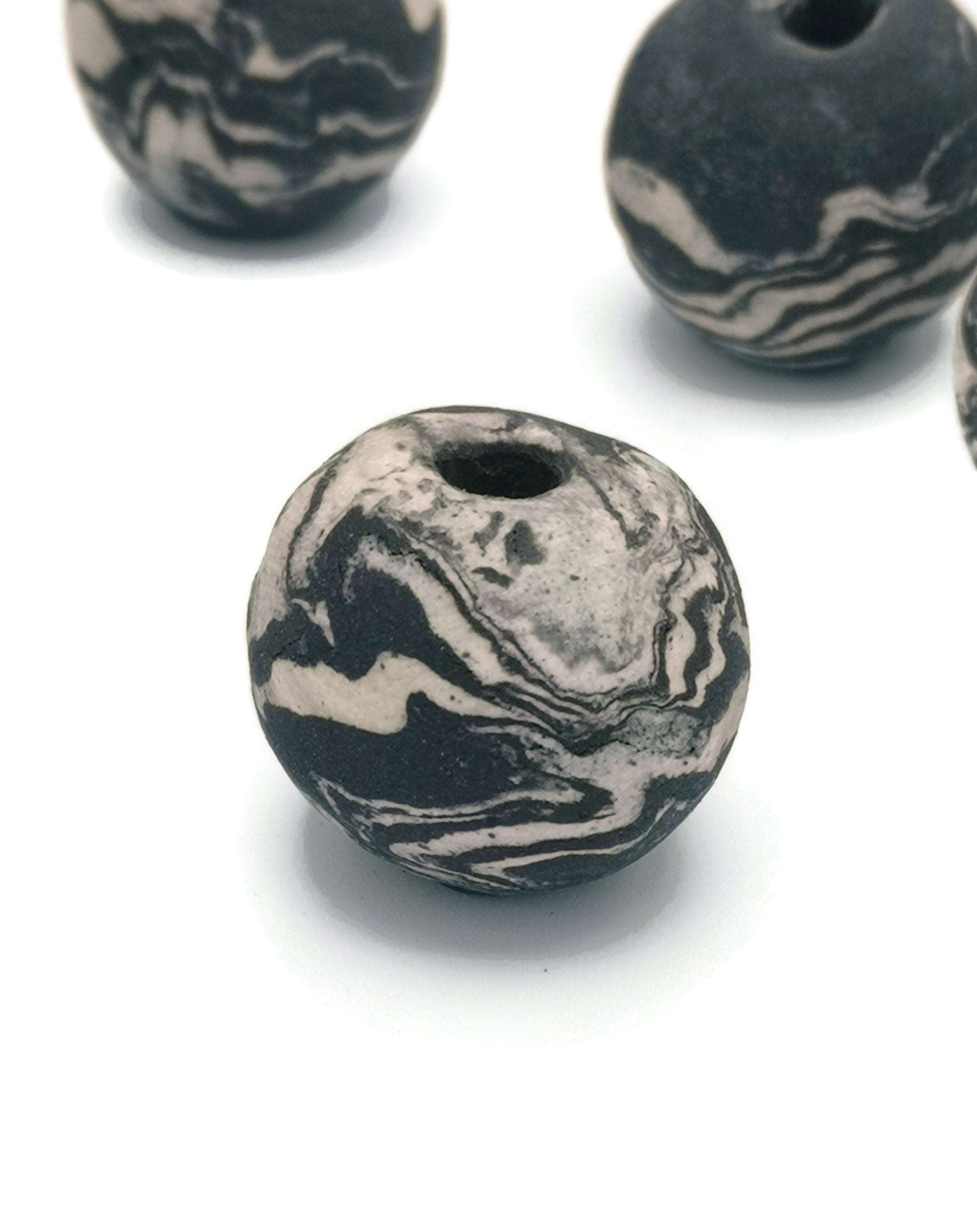 1Pc 30mm Handmade Ceramic Macrame Beads Large Hole, Extra Large Marbled Black And White Jewelry Making Supplies, Artisan Beads