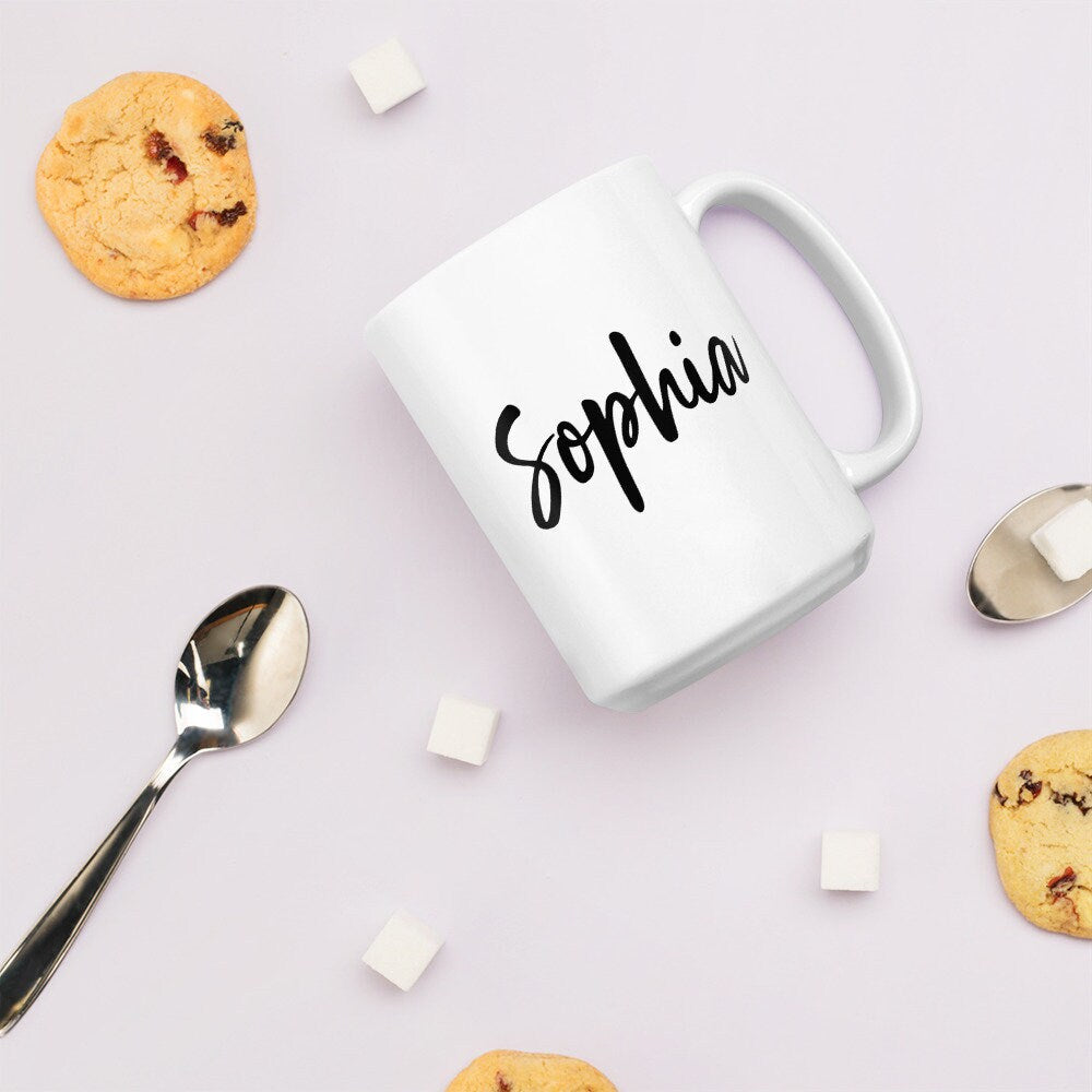 Taza de cerámica con nombre personalizado para mujer, taza grande con forma de hongo, regalos personalizados para ella, taza blanca con diseño impreso en negro y rojo