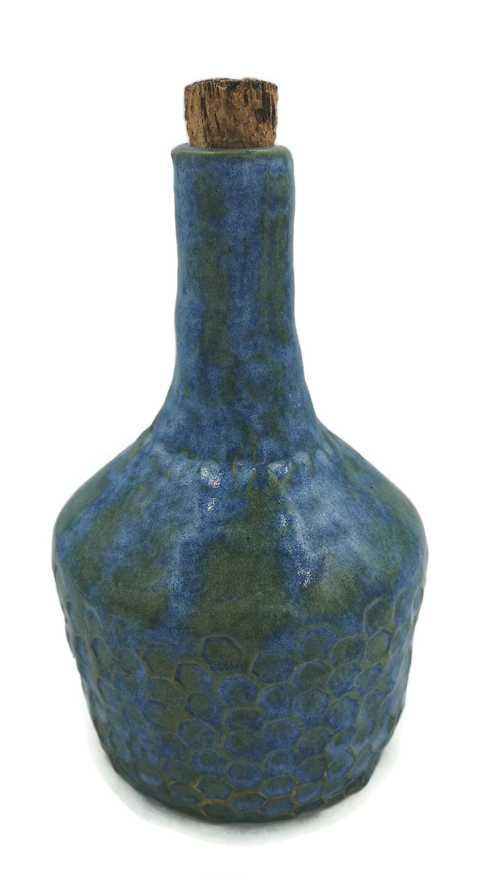 Blue Handmade Ceramic Bottle With Decorative Natural Cork Stopper, Sculptural Vase Honneycomb Texture For Rustic Home Decor - Ceramica Ana Rafael