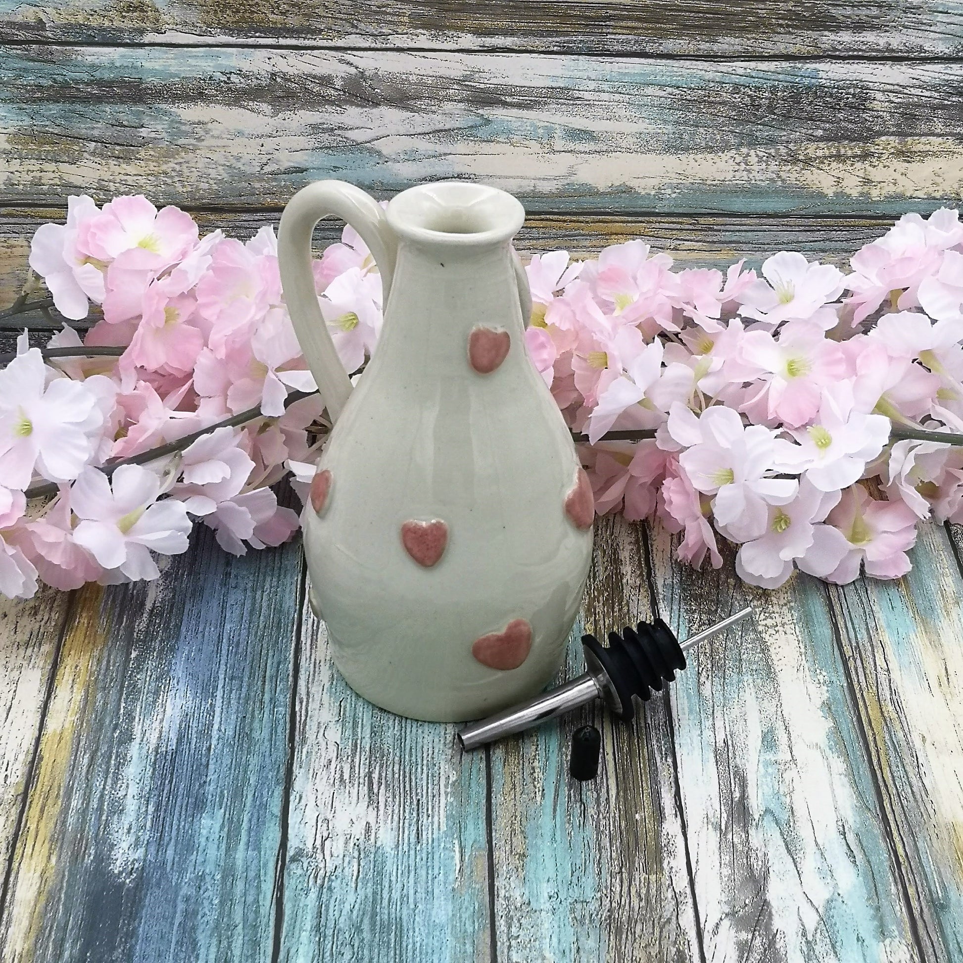 Handmade Ceramic Beige With Pink Hearts Olive Oil Dispenser, Stoneware Pottery Olive Oil Cruet, Decorative Bottles, Mothers Day Cooking Gift - Ceramica Ana Rafael