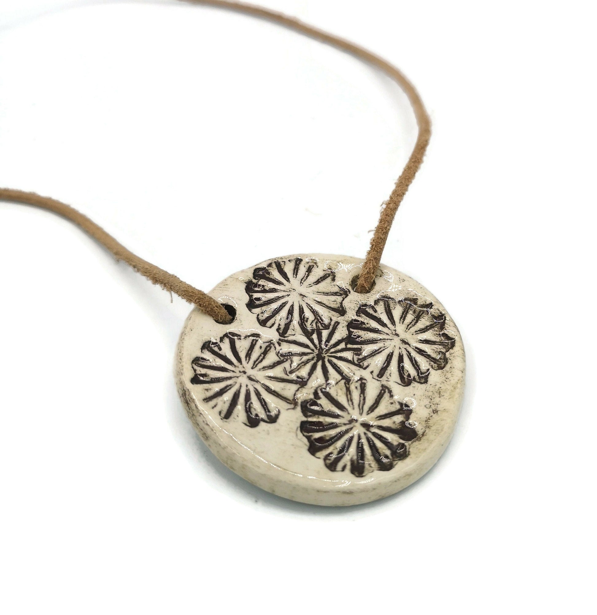 LARGE CIRCLE PENDANT For Necklace With Imprinted Poppy Design, Handcrafted Ceramic Components For Unique Jewelry Making - Ceramica Ana Rafael