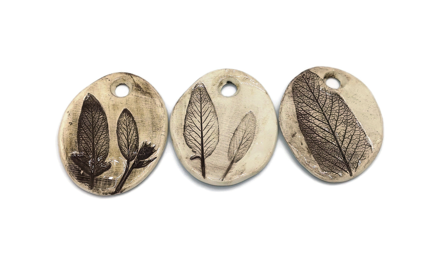 Extra Large Necklace Pendant For Handmade Ceramic Jewelry Making, Pressed Sage Leaves Clay Charms Eclectic Jewelry - Ceramica Ana Rafael