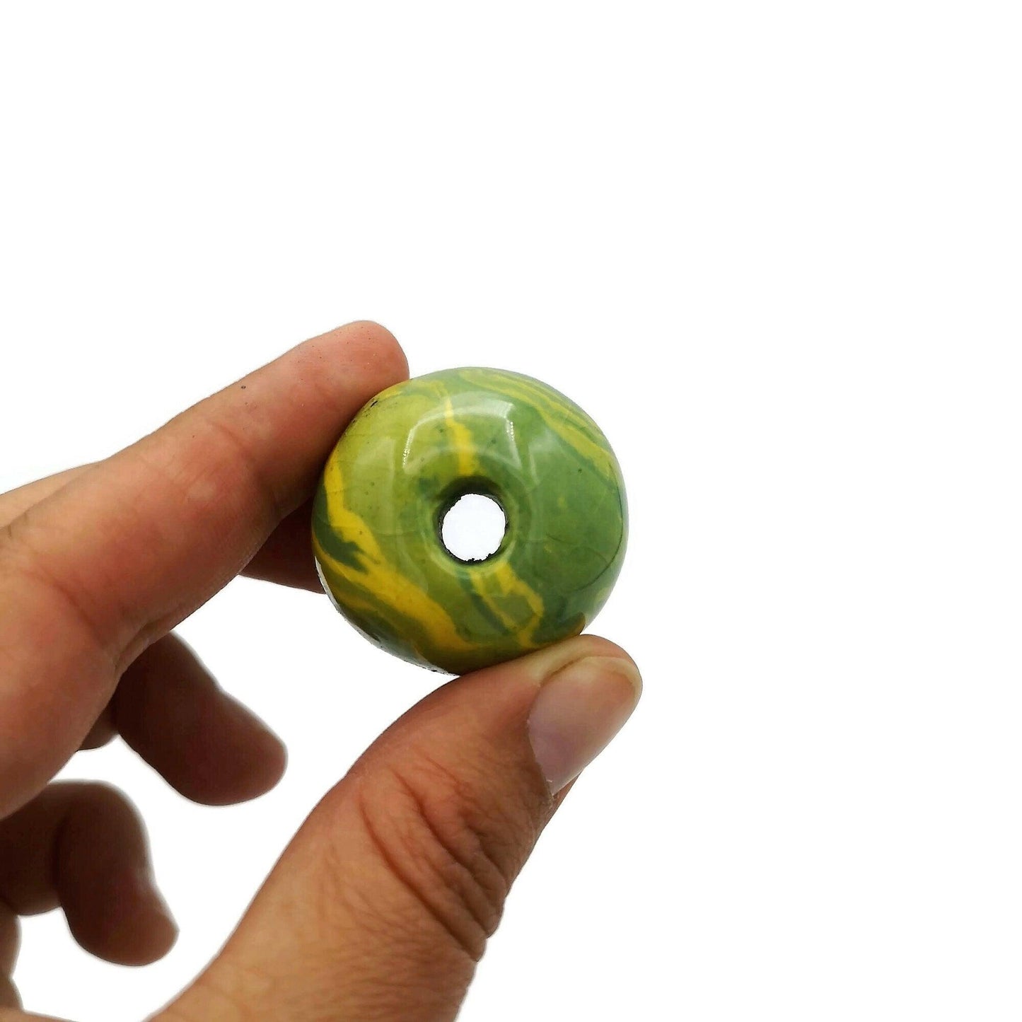1Pc Handmade Ceramic Macrame Beads 7mm Large Hole, Marbled Green And Yellow Clay Beads, Extra Large Beads 30mm - Ceramica Ana Rafael
