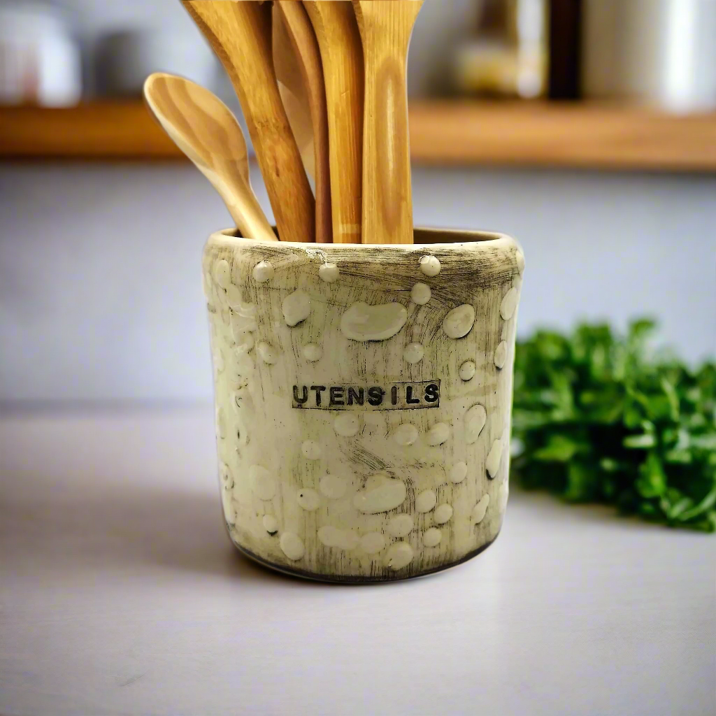 Soporte de utensilios grande de cerámica hecho a mano de 5 pulgadas para mostrador de cocina, regalo de inauguración de la casa más vendido primer hogar, vasija de jarrón de cerámica texturizada