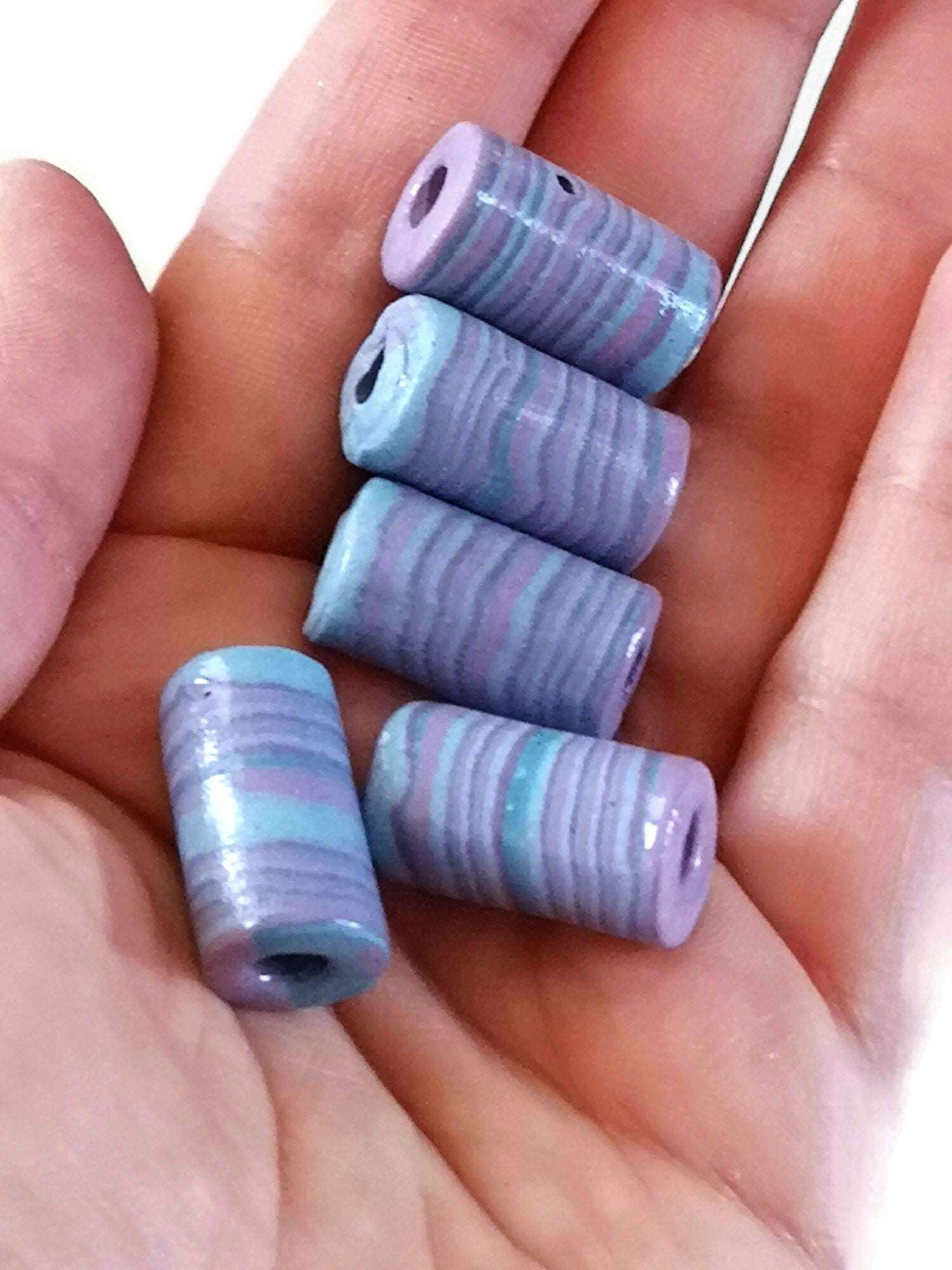 1 Pc Large Handmade Ceramic Tube Beads for Jewelry Making, Artisan Purple and Blue Macrame Beads 4mm Hole, Unique Beard Beads for Hair Braid