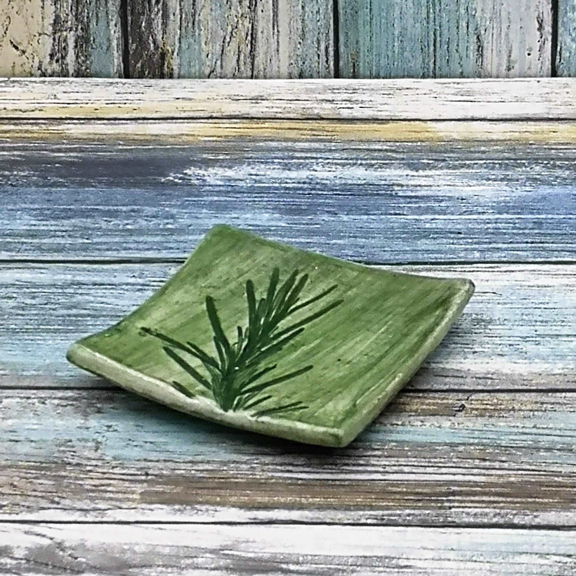 1Pc Clay Ring Dish, Plant Lovers Birthday Gifts, square ceramic trinket dish, 9th-anniversary gift, Sage Flower or Rosemary Leaves Design