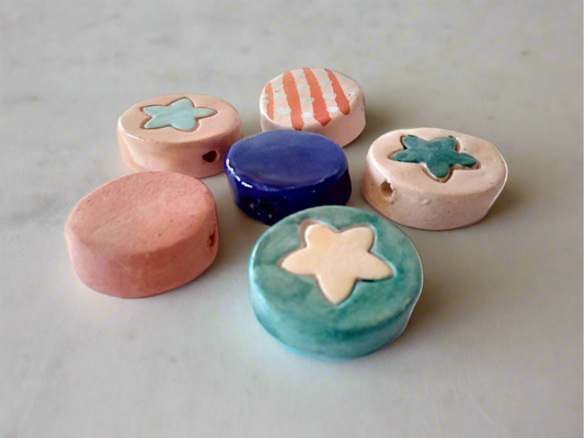 Set of 6 Handmade Ceramic Beads - 30mm Assorted Jewelry Making Beads Coin Shaped Clay Beads