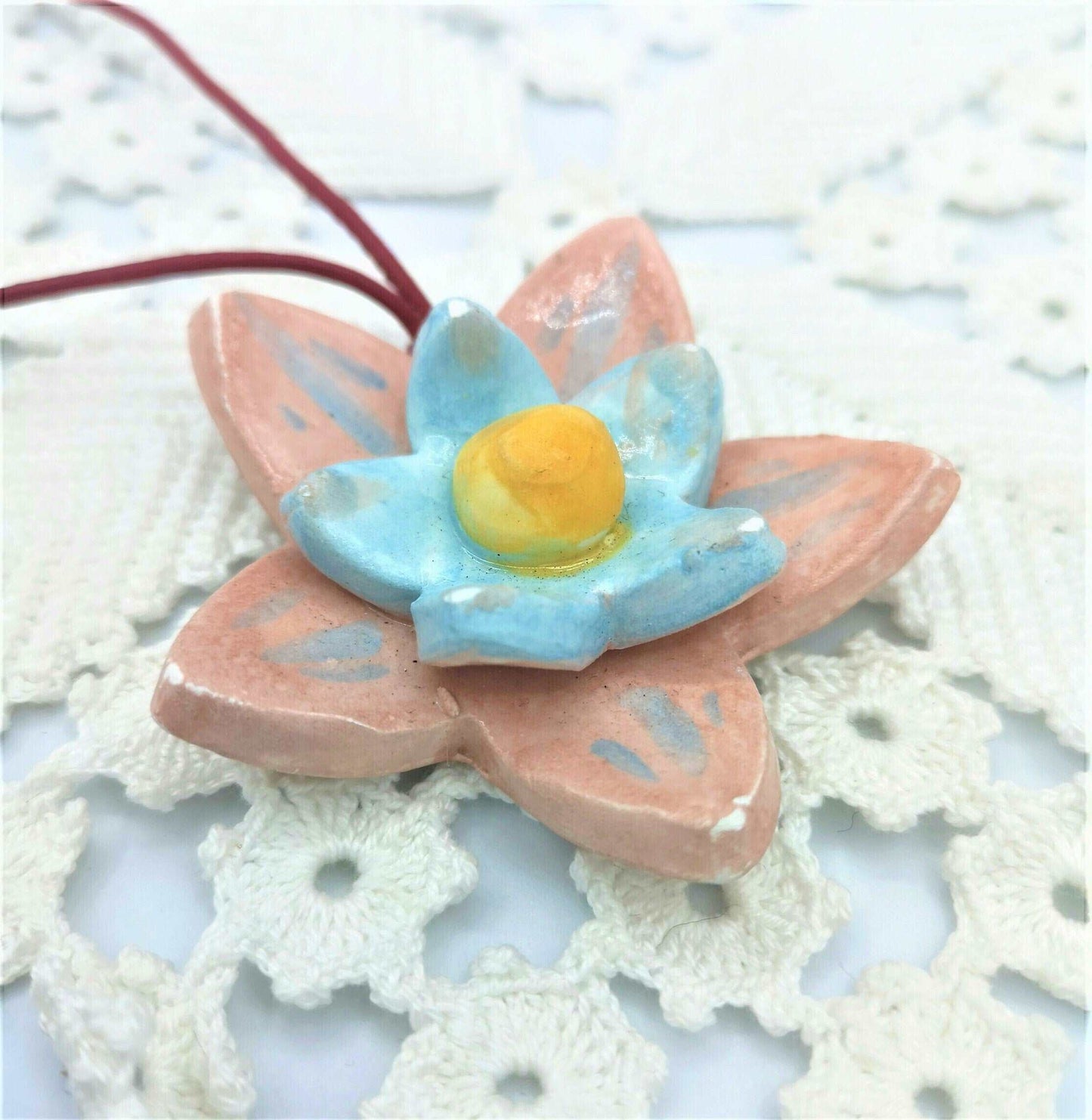 1Pc 70mm Extra Large Flower Charms For Jewelry Making, Handmade Ceramic Components, Eclectic Necklace Pendant, Pink & Blue Floral Clay Charm