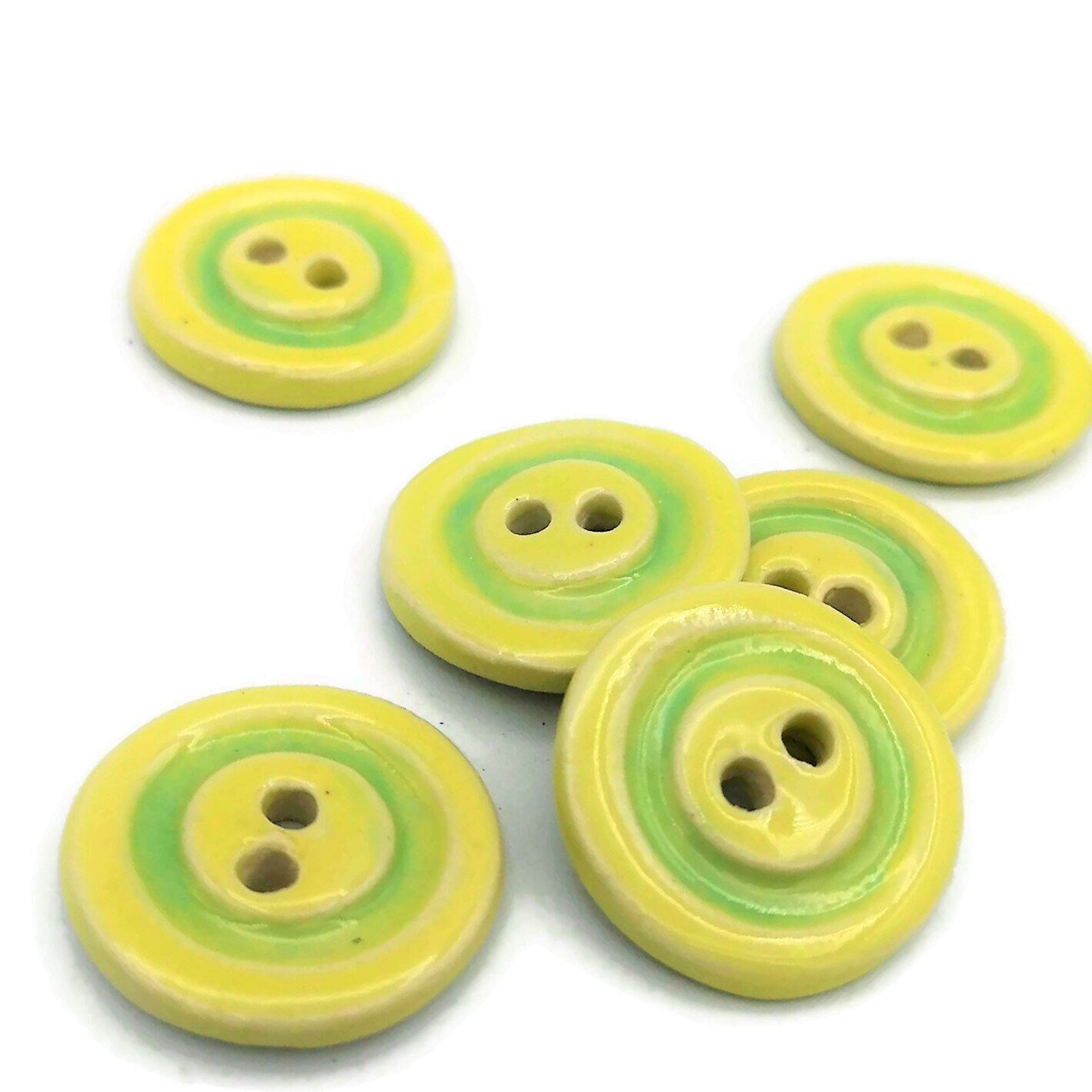 6Pc Green and Yelow Ceramic Buttons 1 inch Wide, Unique Sewing Supplies And Notions, Large Coat Buttons Decorative - Ceramica Ana Rafael