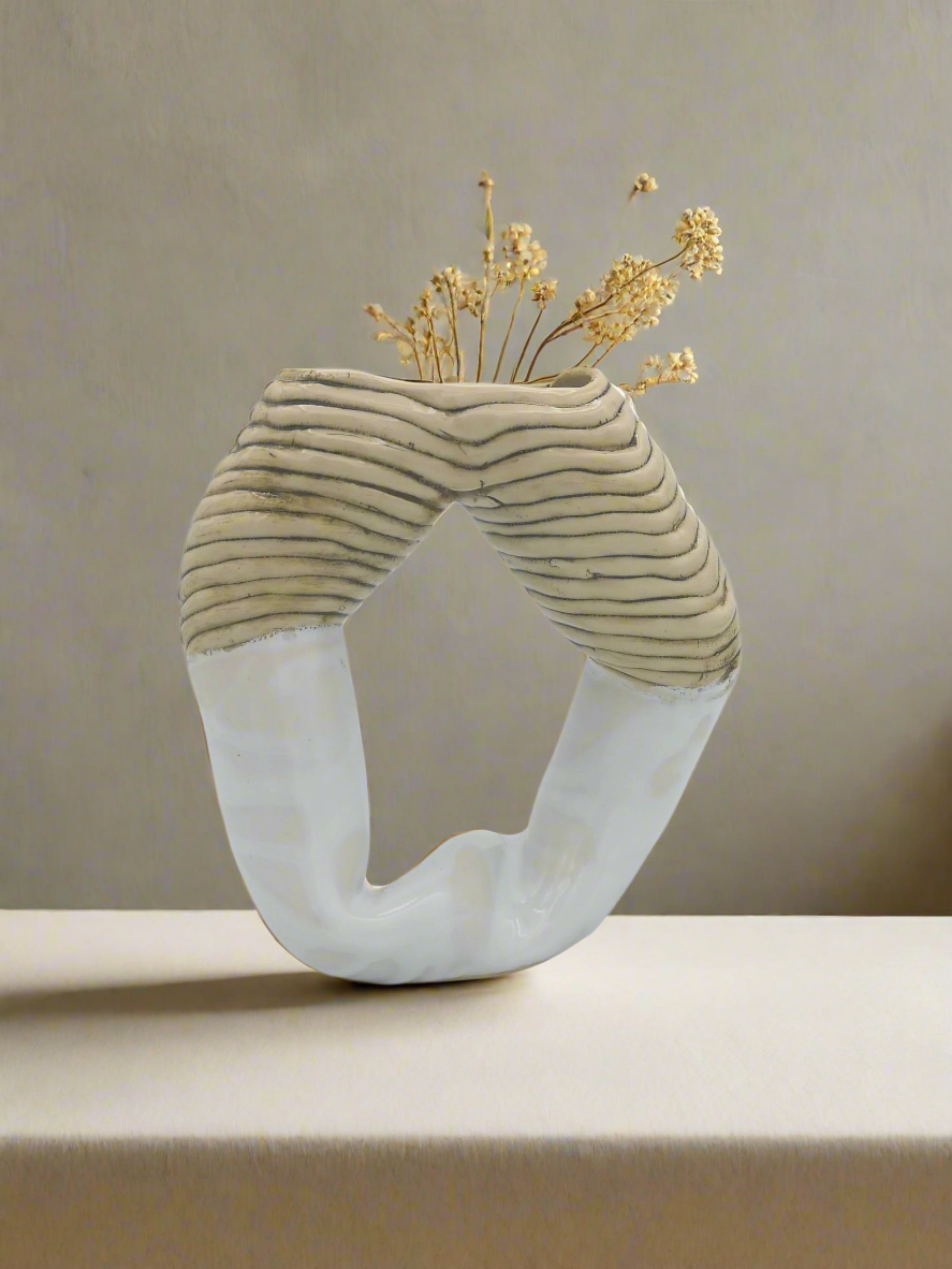 Mid-Century Modern Vase – Handmade Ceramic Sculpture, Textured Beige and White Organic Art